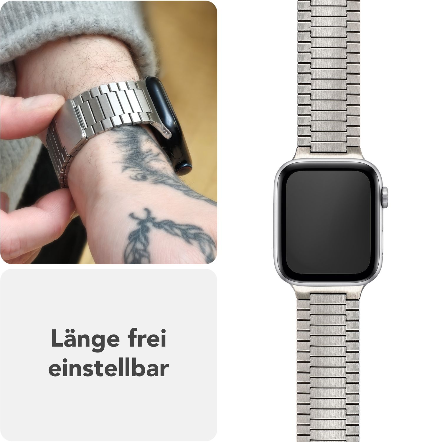 Zwei Bilder: ein silbernes Uhrenarmband und eine Person, die es trägt.