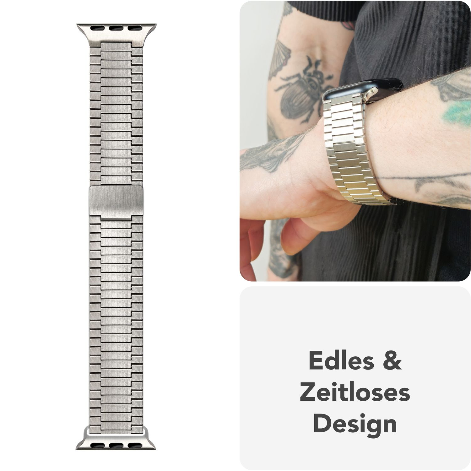 Ein silbernes Metall-Uhrenarmband, abgenommen und am Handgelenk getragen, das Design zeigend.