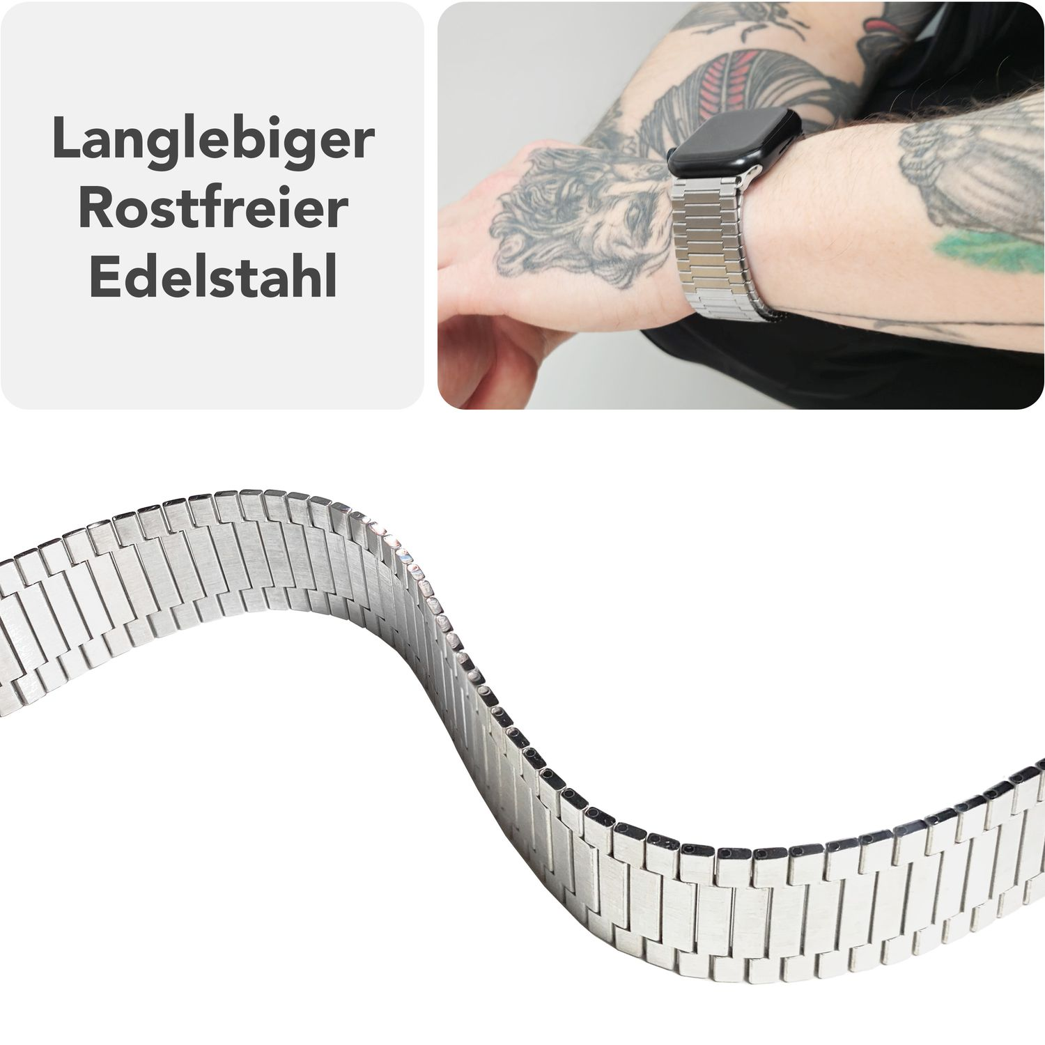 Silbernes Metall-Uhrenarmband, am Handgelenk. Text.