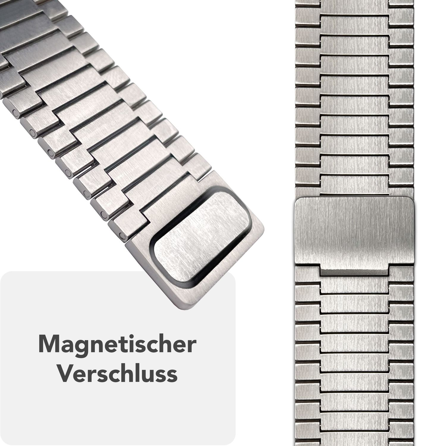 Silbernes Uhrenarmbandteil mit Magnetverschluss. Das Armband besteht aus rechteckigen Metallgliedern.