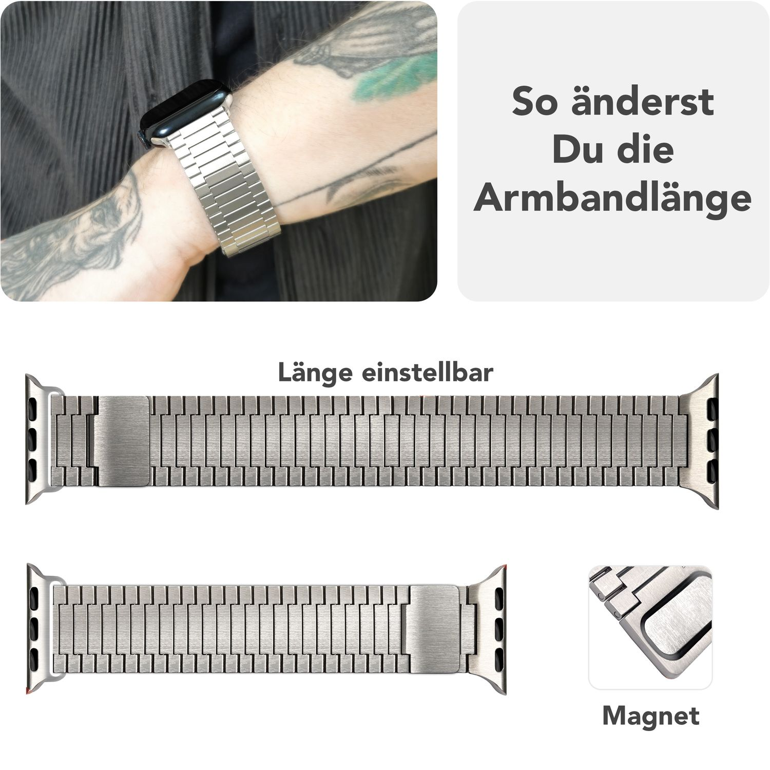 Armband, am Handgelenk gezeigt, und einstellbare Längen-Demonstration, mit Magnet.