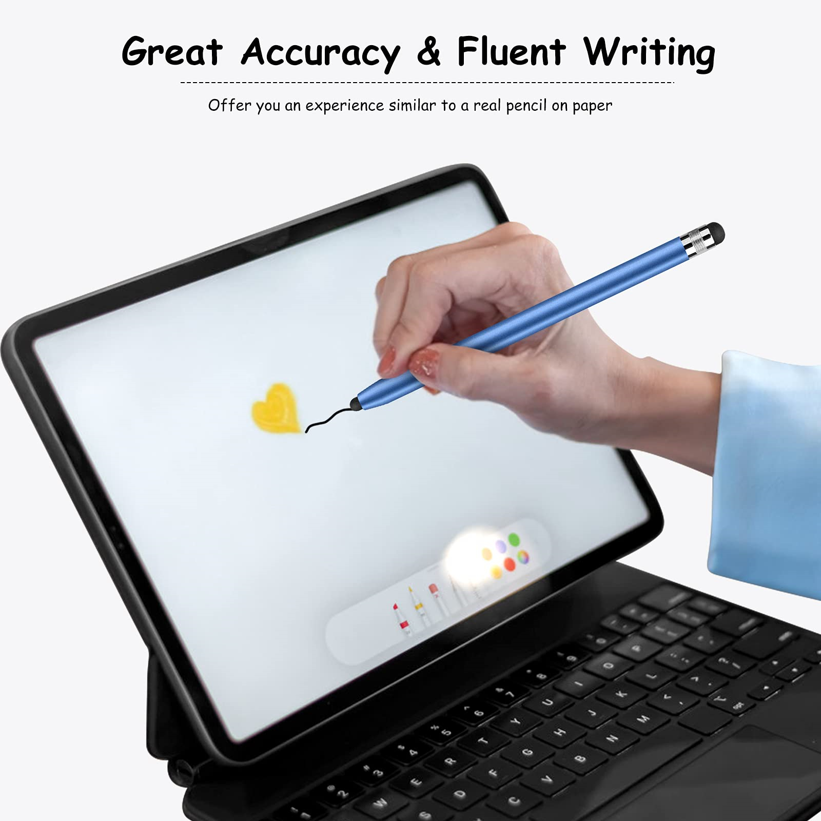 Eine Hand benutzt einen blauen Stift auf einem Tablet. Ein gelbes Herz ist auf dem Bildschirm gezeichnet. Der Hintergrund ist weiß.