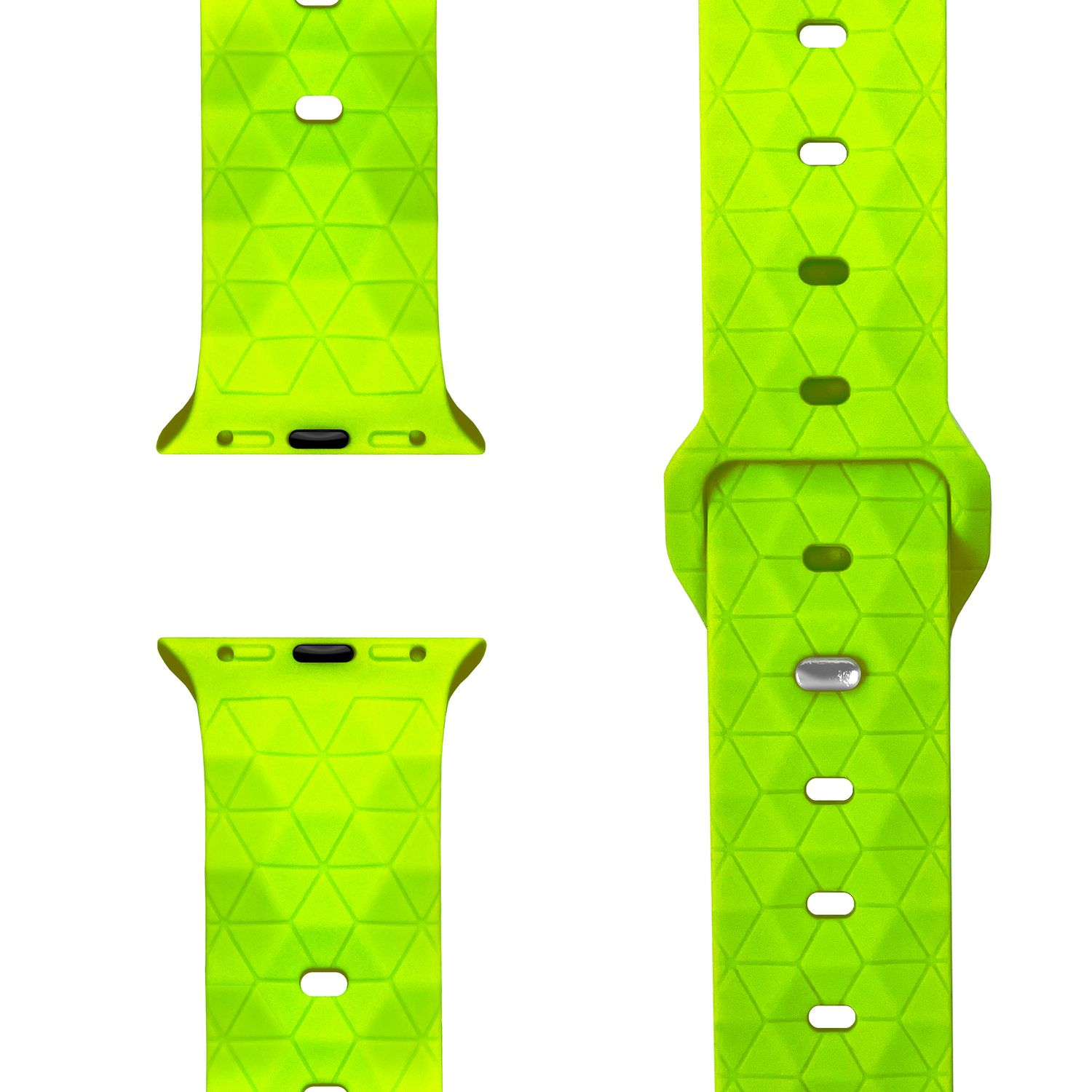 Ein Uhrenarmband in leuchtendem Grün. Das Armband hat ein geometrisches Muster. Das Bild ist eine Nahaufnahme des Armbands.