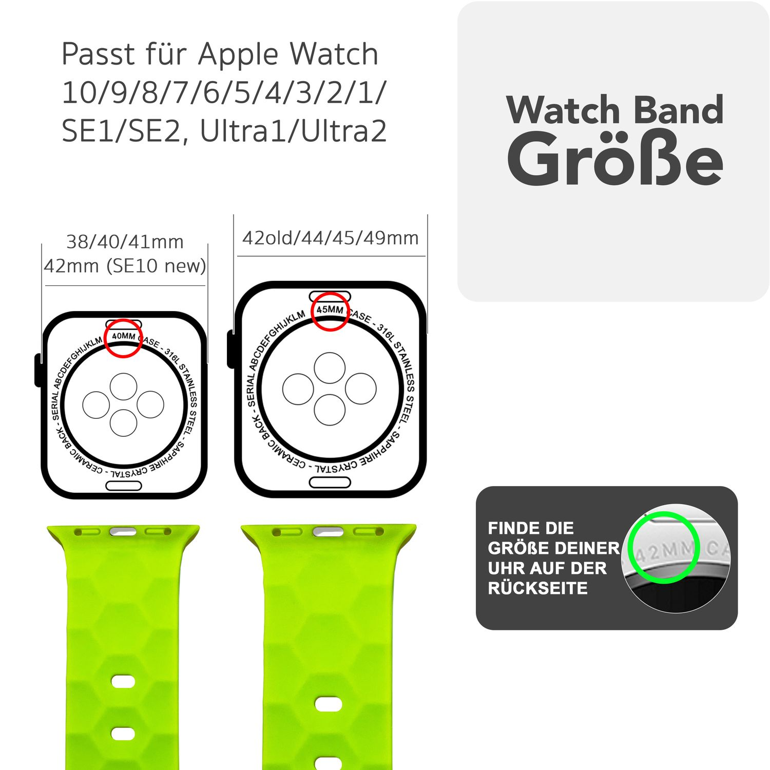 Diagramm zeigt Apple Watch Größen und eine Armband Größenübersicht mit grünen Bändern.