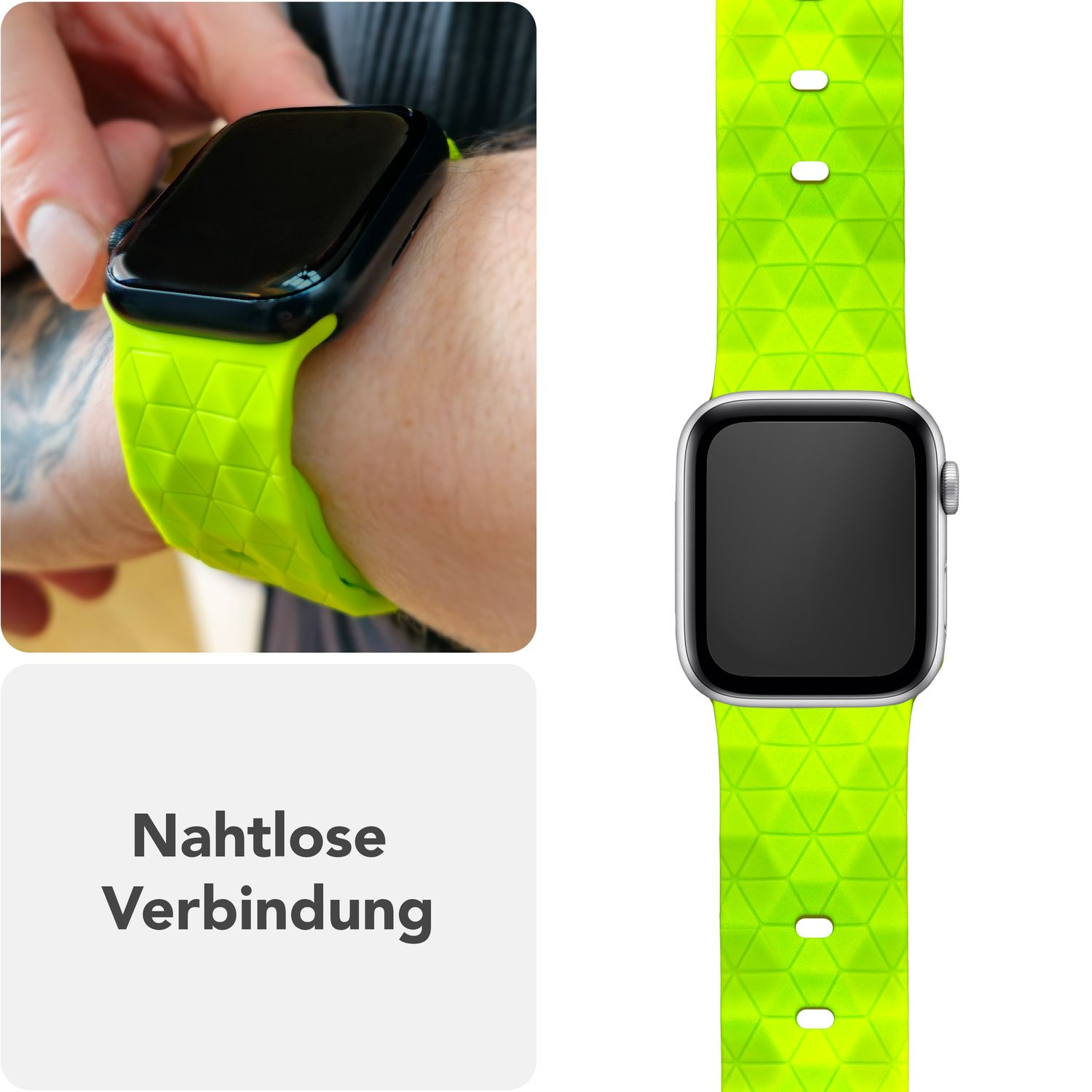 Eine Person trägt ein neongrünes Uhrenarmband. Das Armband befindet sich an ihrem Handgelenk. Text: Nahtlose Verbindung.