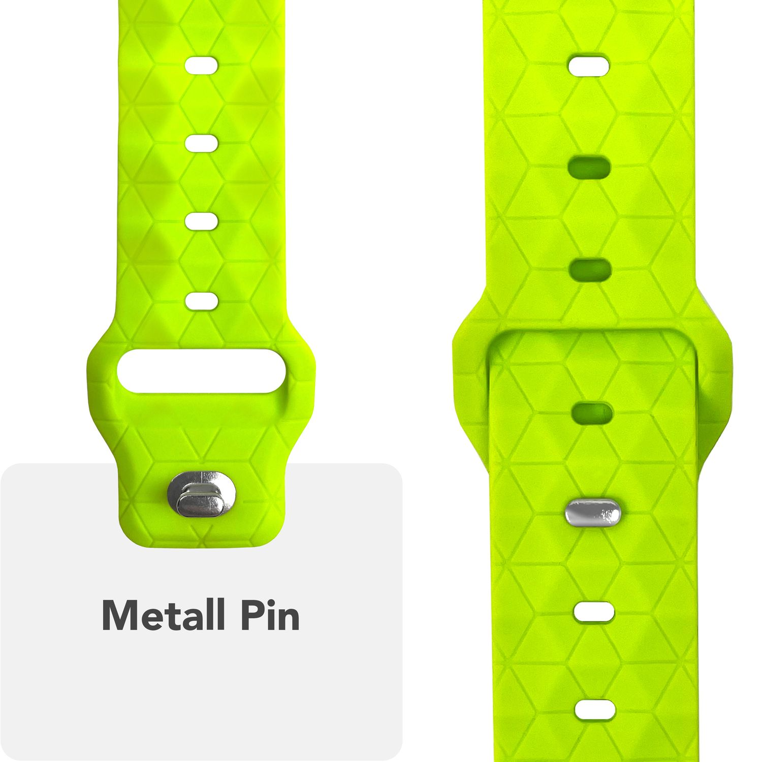 Ein Uhrenarmband mit einem Metallstift. Das Armband ist leuchtend grün mit einem geometrischen Muster. Text: Metallstift.