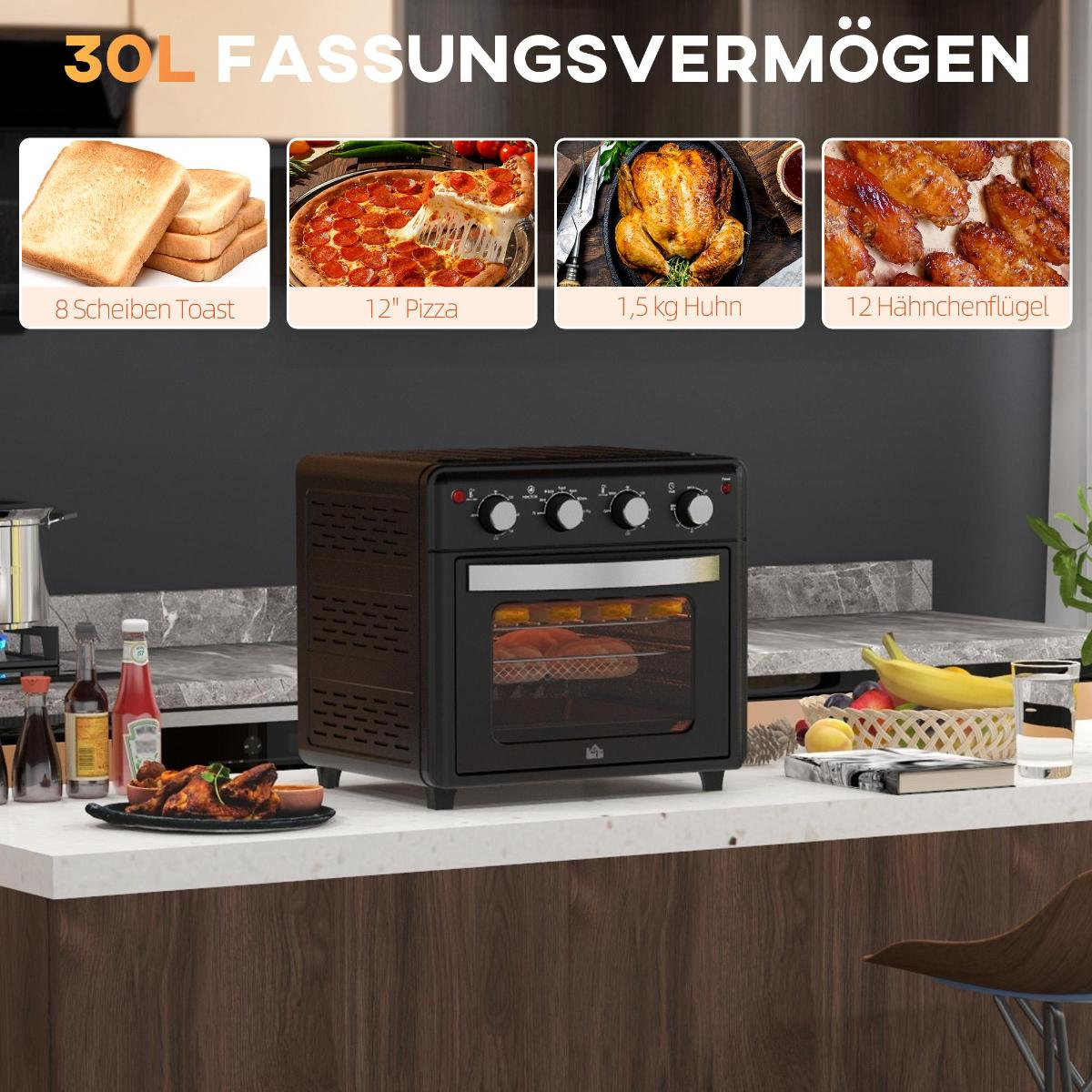 Heißluftofen mit Beispielen: Toast, Pizza, Huhn und Flügel. 30L Fassungsvermögen.