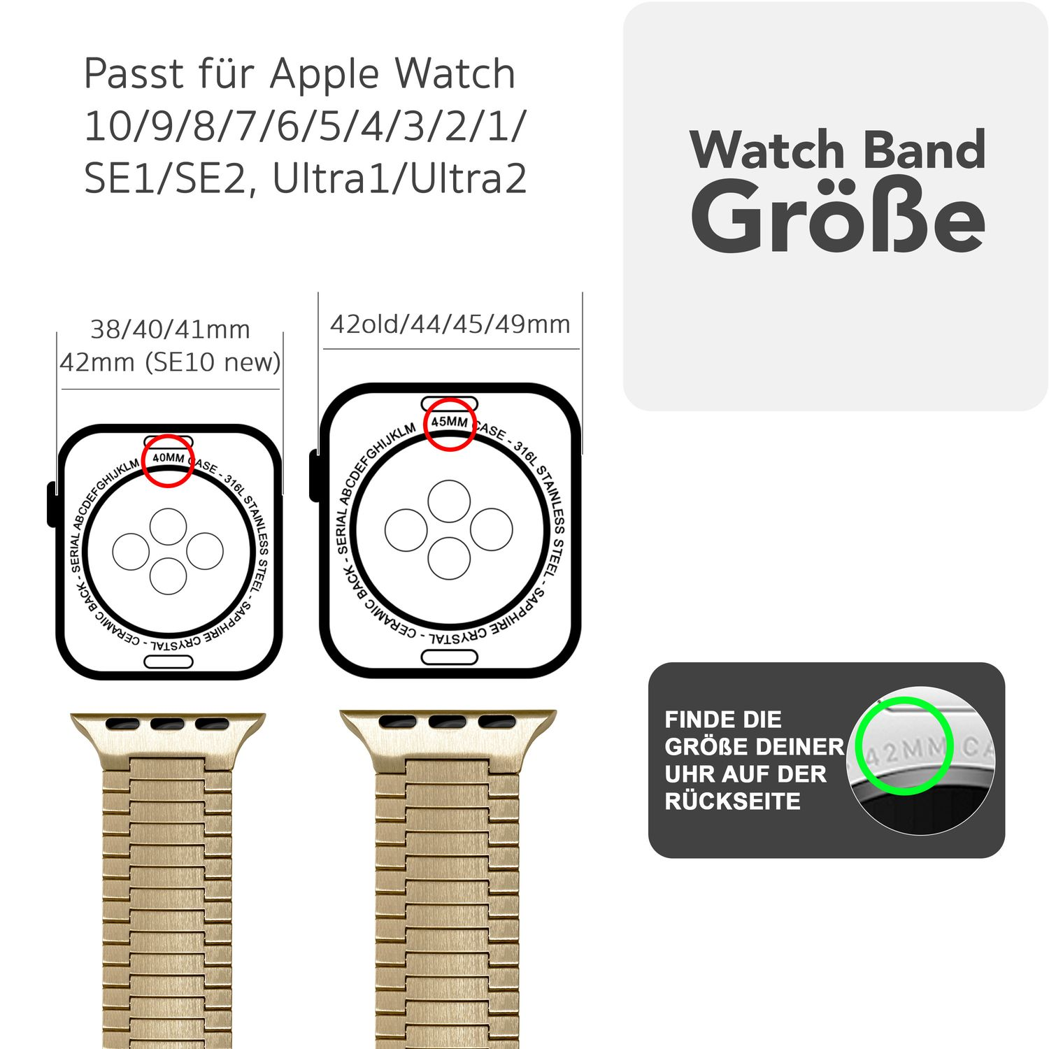 Diagramm der Uhrenbandgrößen für Apple Watch. Zeigt Größen und wie man die Uhr misst.