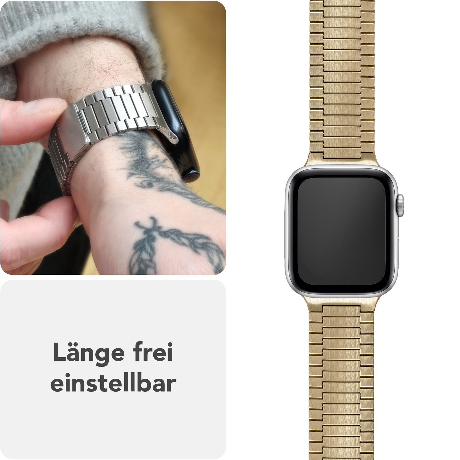 Goldenes Uhrenarmband an einem Handgelenk mit Tätowierungen. Das Band ist goldfarben, im Glieder-Stil und hat einen Verschluss.
