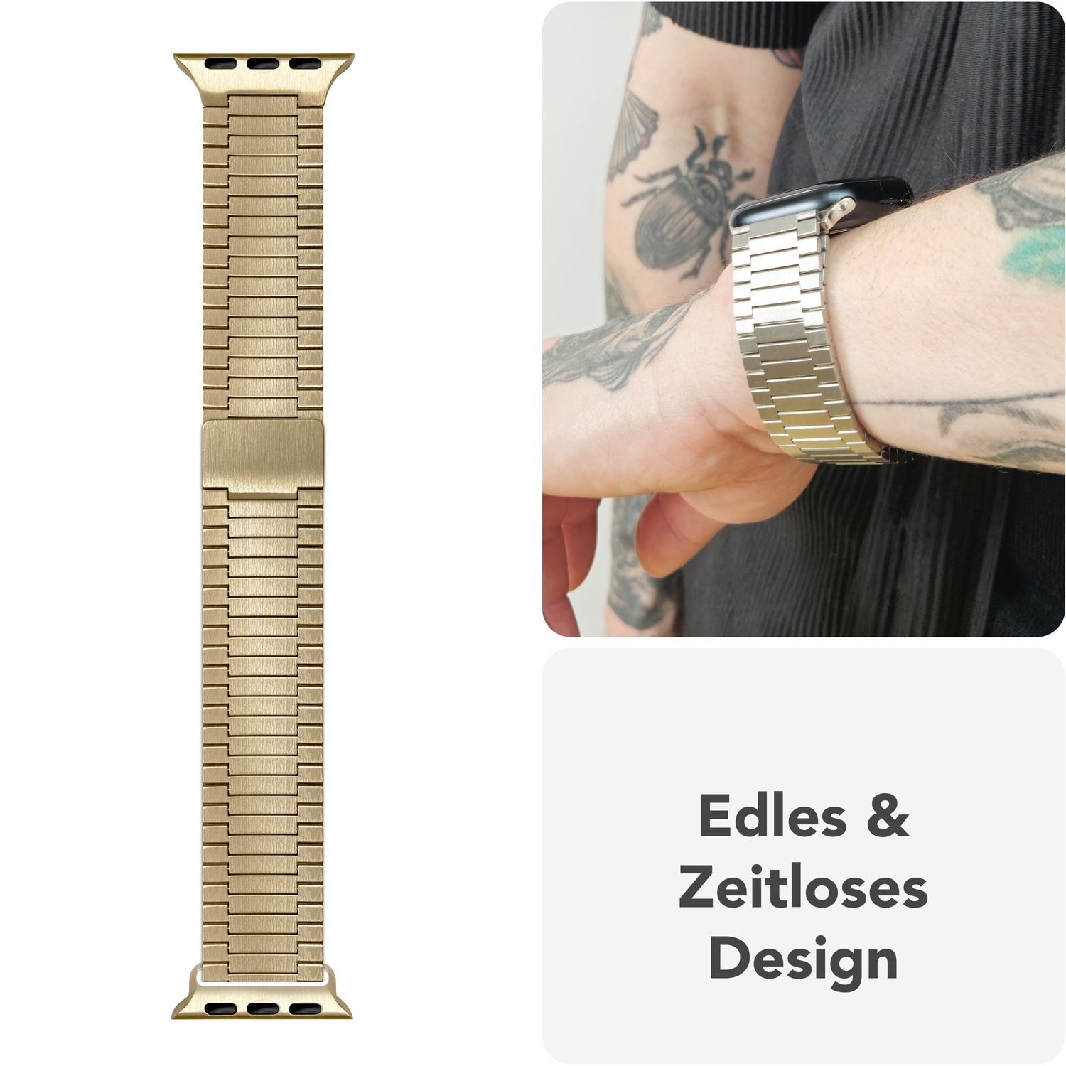 Ein Uhrenarmband an einer Uhr befestigt. Das Armband ist goldfarben und metallisch. Text: Edles & Zeitloses Design.