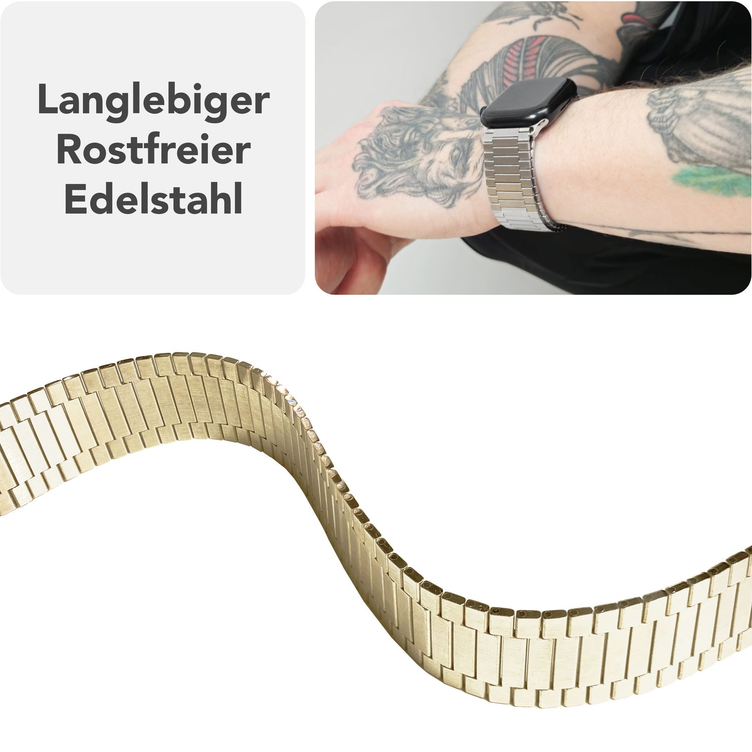 Ein Uhrenarmband am Handgelenk. Das Armband ist silberfarben und metallisch. Text: Langlebiger Rostfreier Edelstahl.