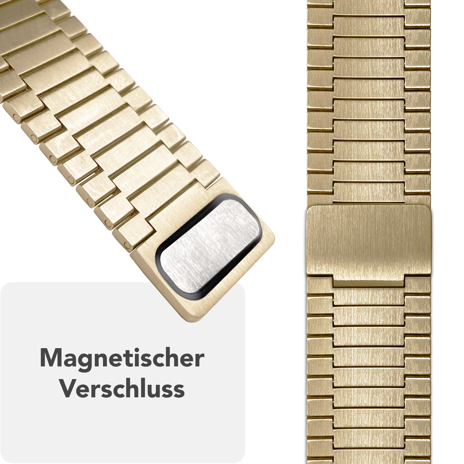 Ein Uhrenarmband mit Magnetverschluss. Das Armband ist goldfarben und metallisch. Text: Magnetischer Verschluss.