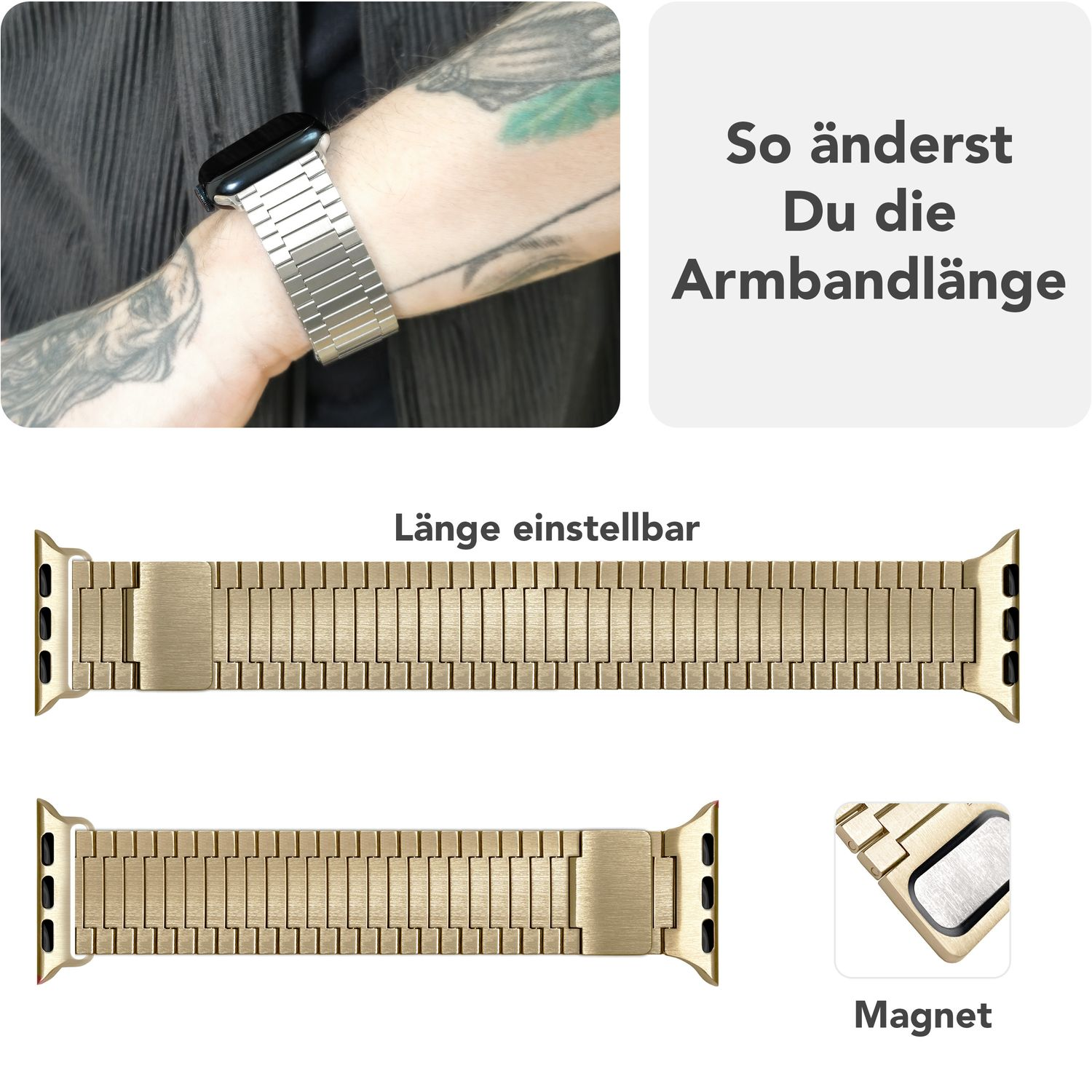 Goldenes Metall-Armband, längenverstellbar. Am Handgelenk gezeigt mit dem Einstellungsdetail.