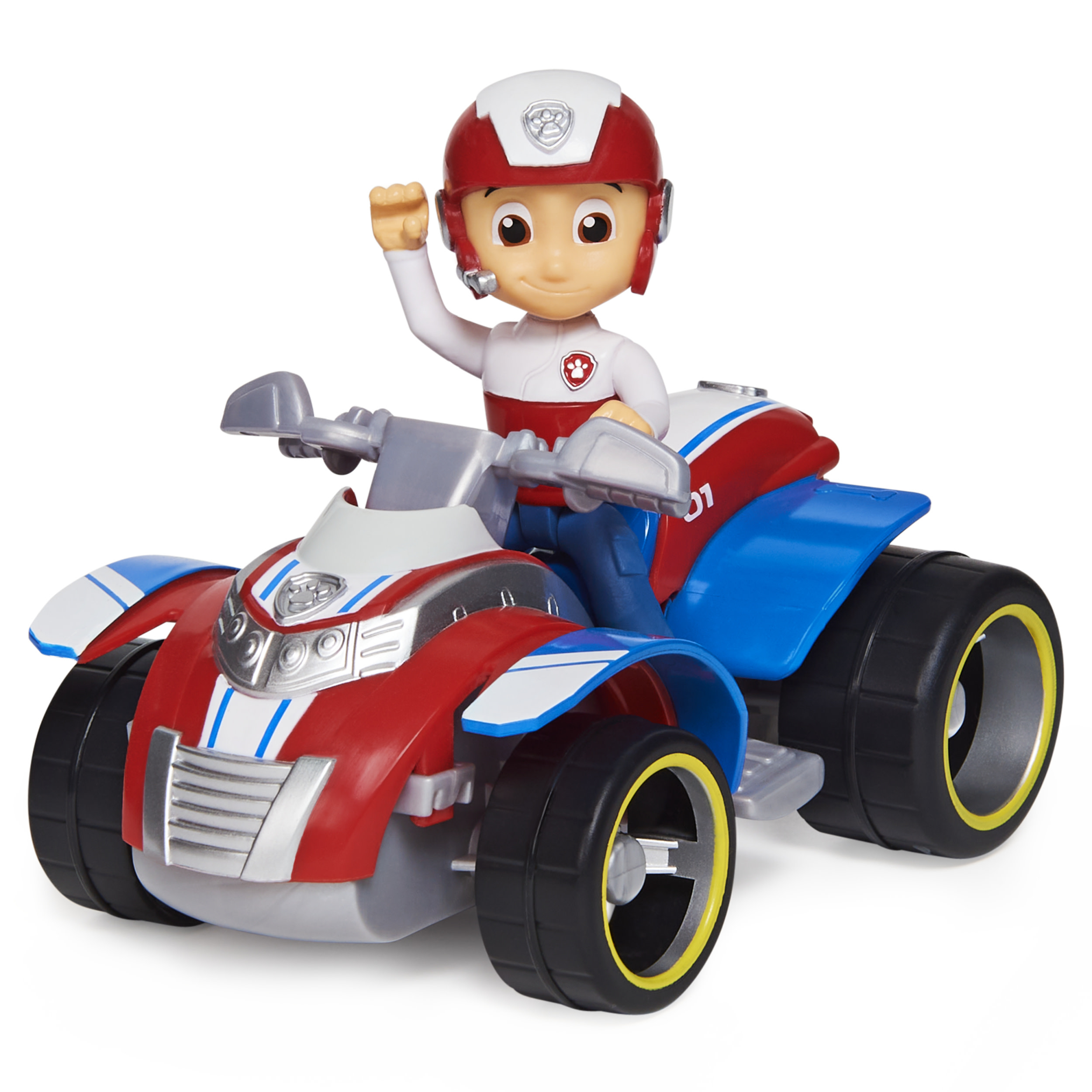Un juguete ATV rojo, blanco y azul con una figura de Ryder montada en él. La figura está saludando. Fondo blanco.