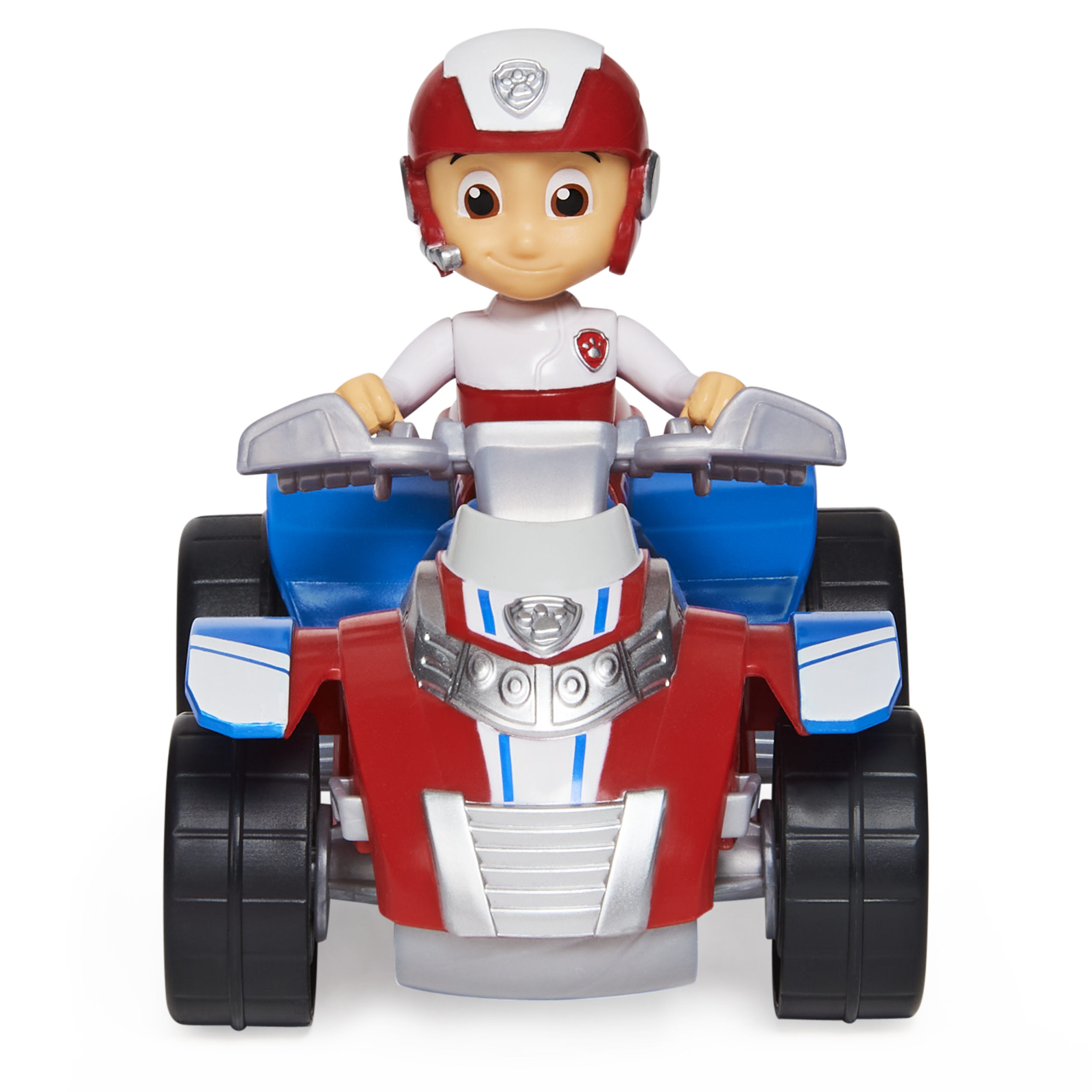 Un juguete ATV rojo, blanco y azul con una figura de Ryder montada en él. Fondo blanco.