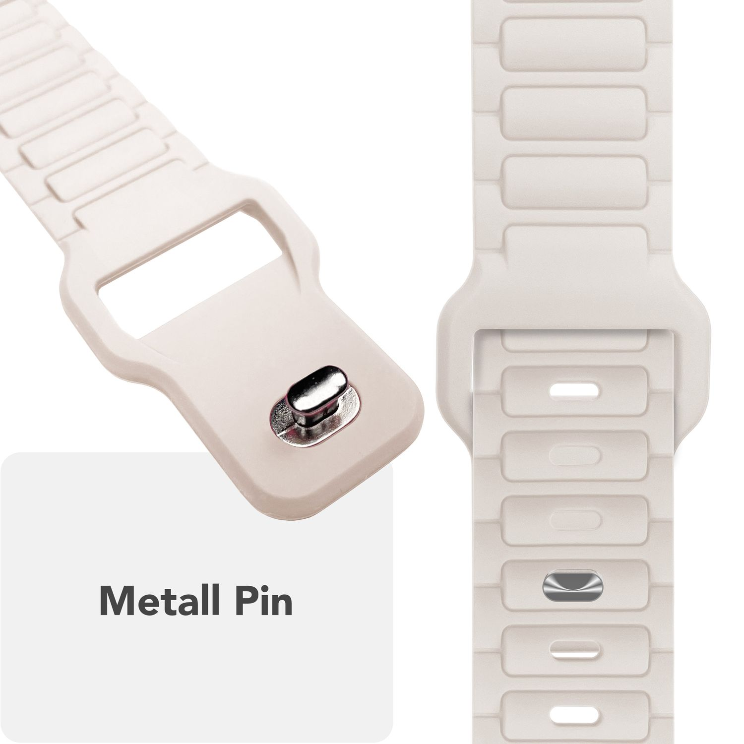 Nahaufnahme von Uhrenarmbändern. Weißes Uhrenarmband mit Metallstift links. Marine- und schwarze Armbänder rechts.