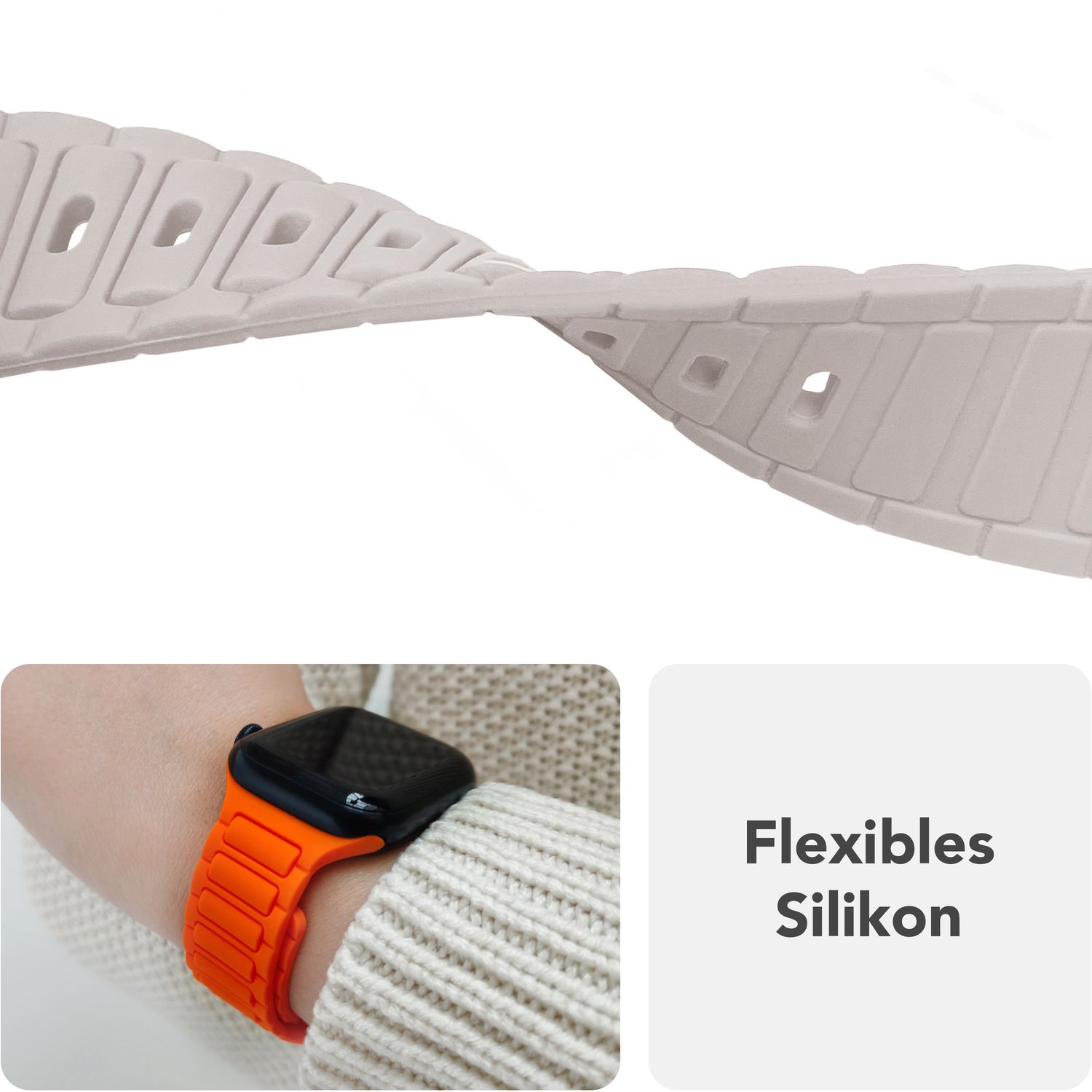 Nahaufnahme eines Uhrenarmbands mit flexiblem Silikontext.