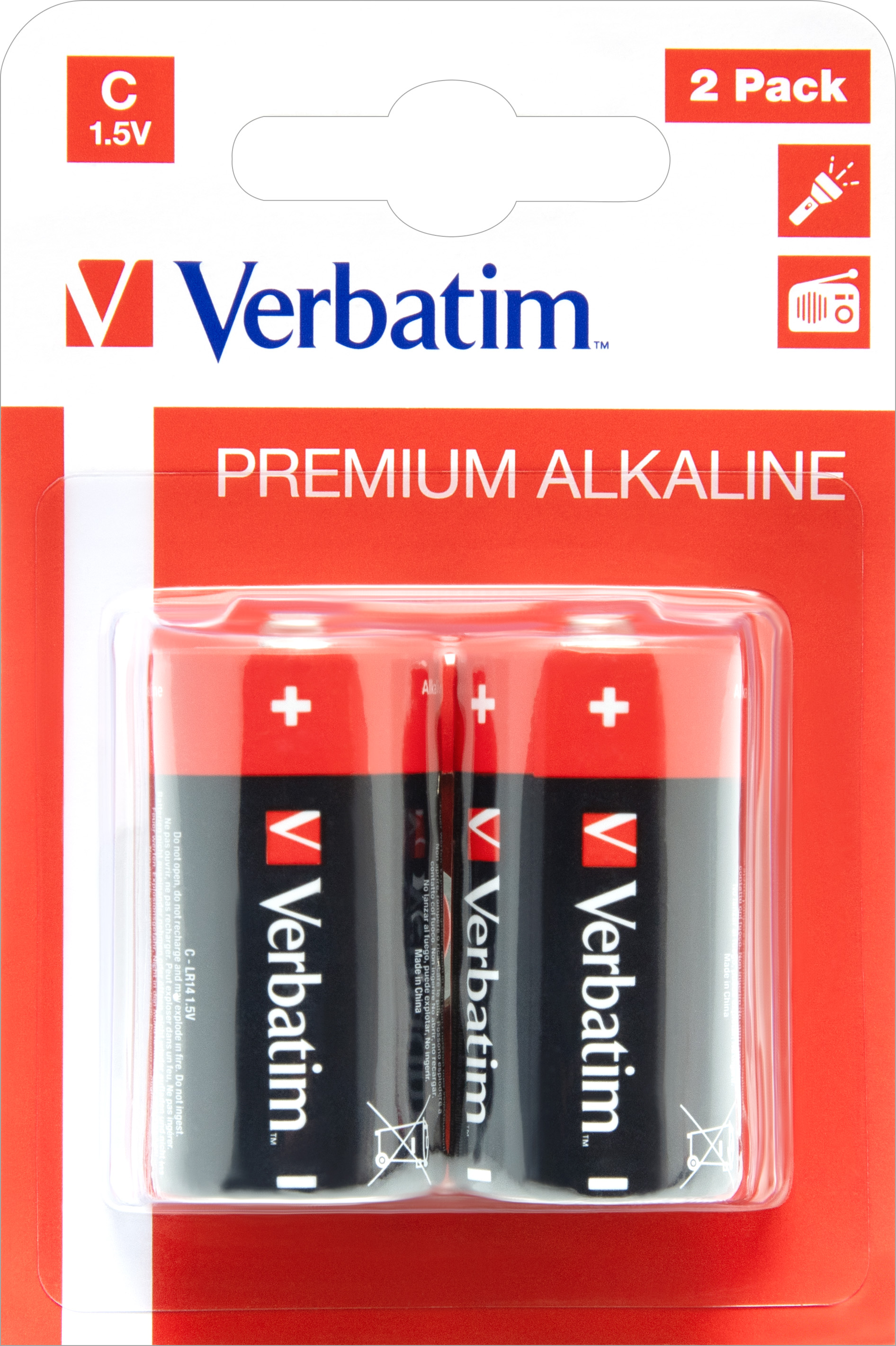 Due batterie Verbatim formato C in una confezione rossa e bianca.