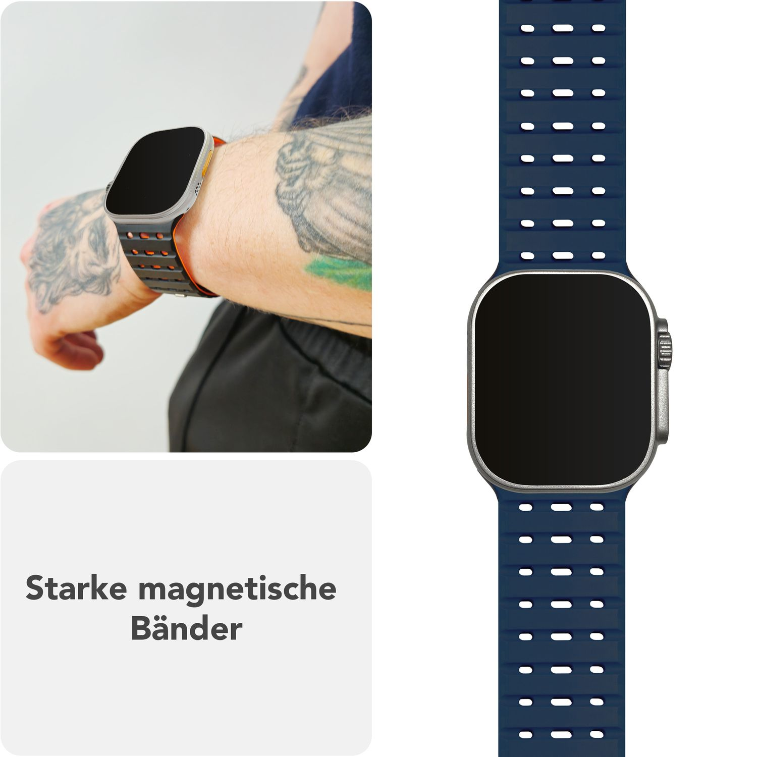 Eine Uhr mit blauem Armband und Text über starke Magnetbänder.