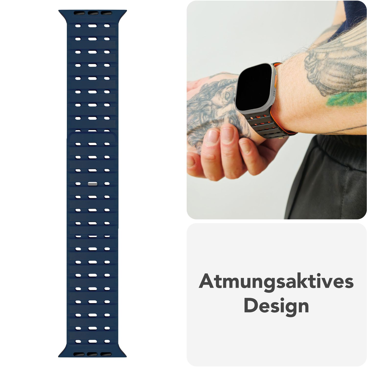 Ein blaues Uhrenarmband mit Text über atmungsaktives Design.