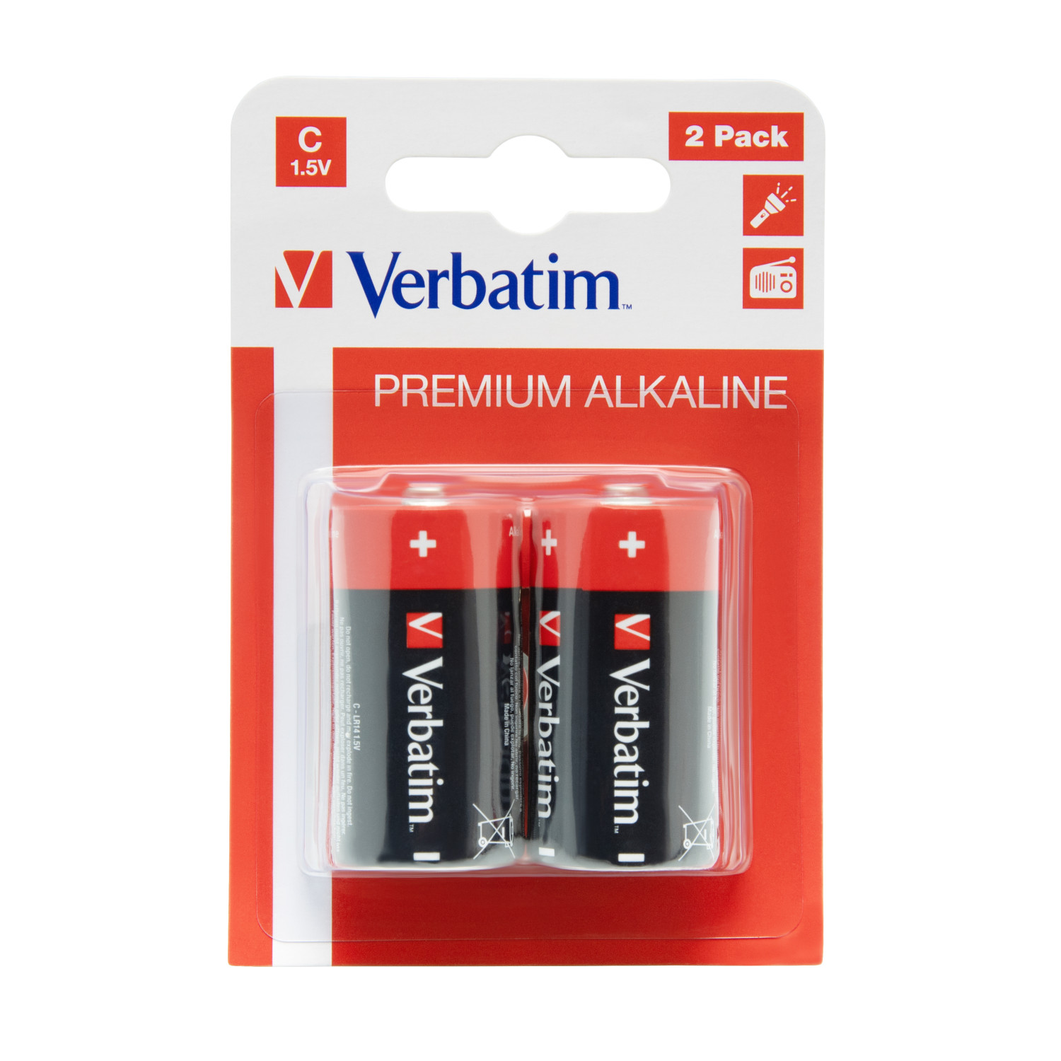 Due batterie Verbatim C 1,5V in un blister. Batterie rosse e nere con sfondo bianco.