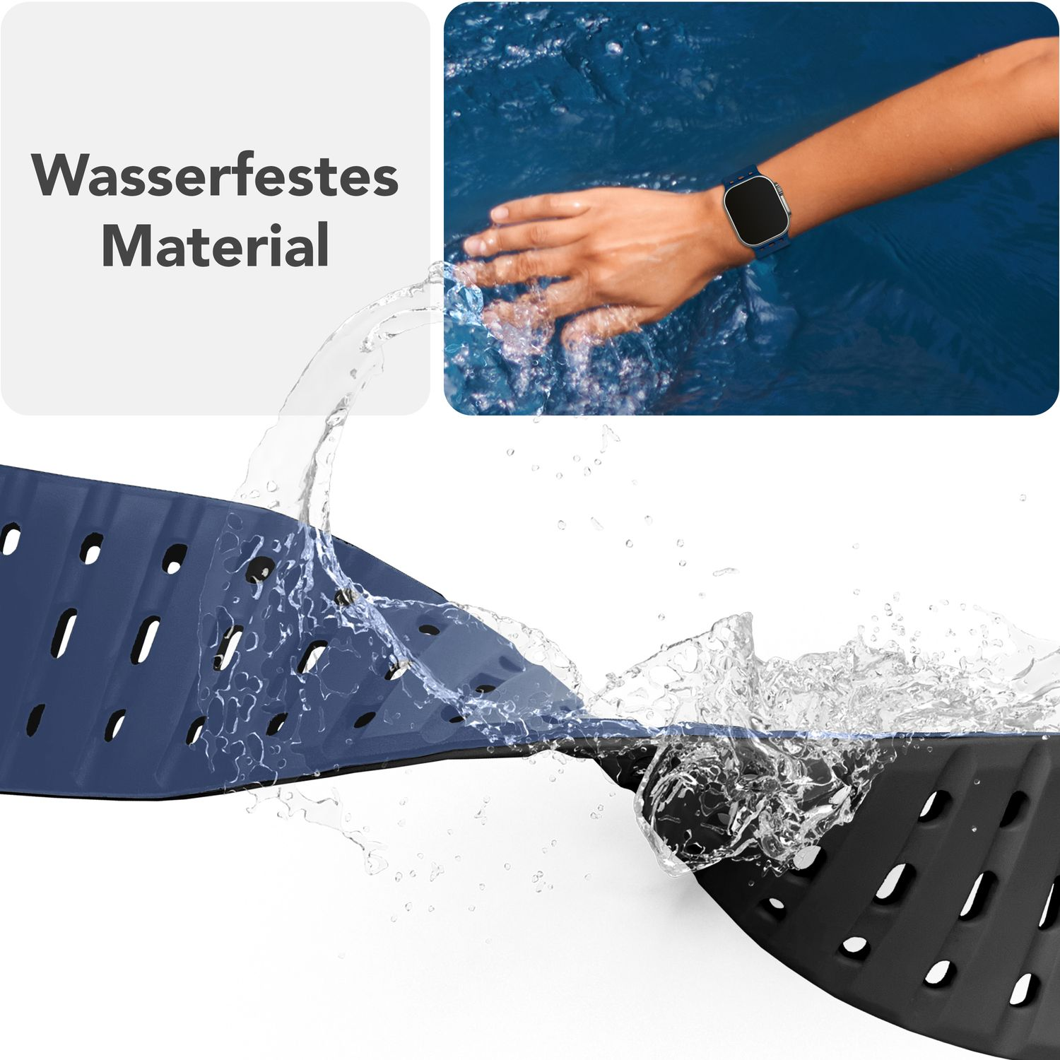 Wassertropfen auf einem schwarz-blauen, strukturierten Material. Ein Handgelenk mit einer Smartwatch ist teilweise sichtbar.