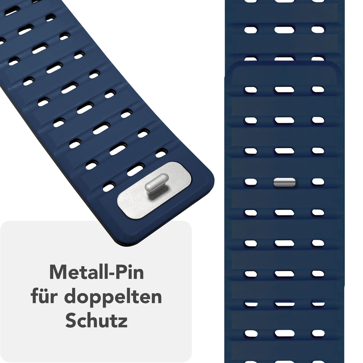 Nahaufnahme eines Uhrenarmbandanschlusses. Text: Metallstift für doppelten Schutz.