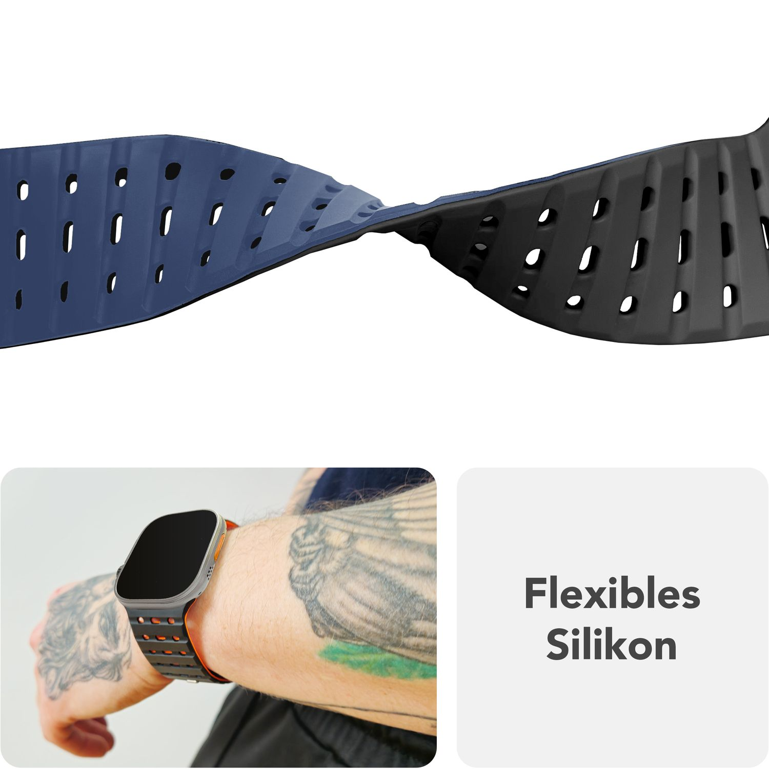 Blaues und schwarzes Uhrenarmband, ein Handgelenk mit Tattoos, das die Uhr trägt. Flexibles Silikonmaterial.
