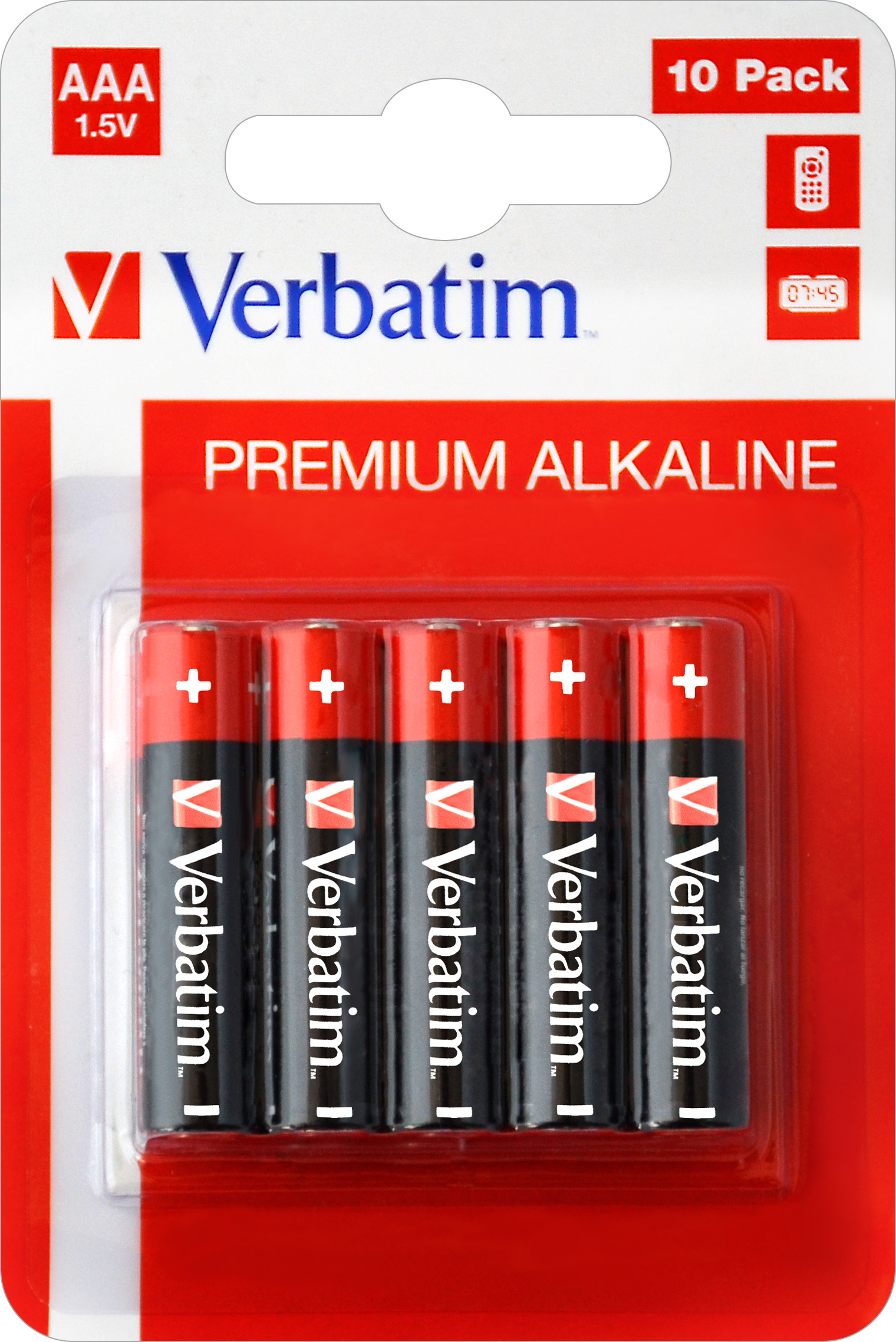 Dieci batterie AAA 1,5V Verbatim Premium Alkaline in una confezione rossa e bianca, con un'icona del telecomando.