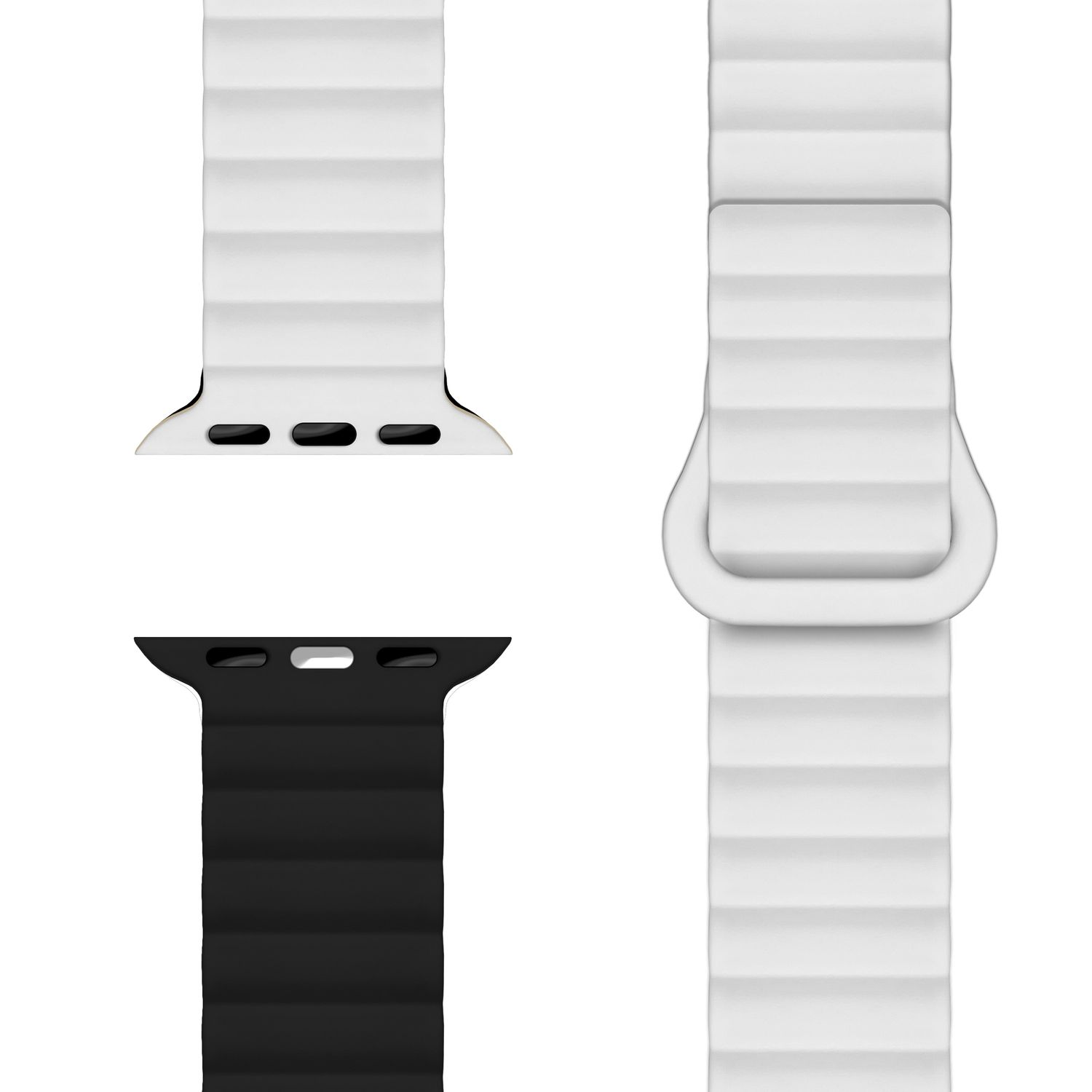 Zwei Teile eines weißen Armbands, eines schwarzen, die Details des Armbands zeigend.