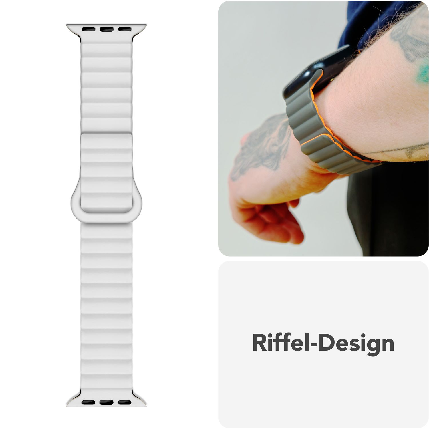 Weißes Uhrenarmband mit geripptem Design und demselben Stil, der an einem Handgelenk mit Tätowierungen getragen wird.