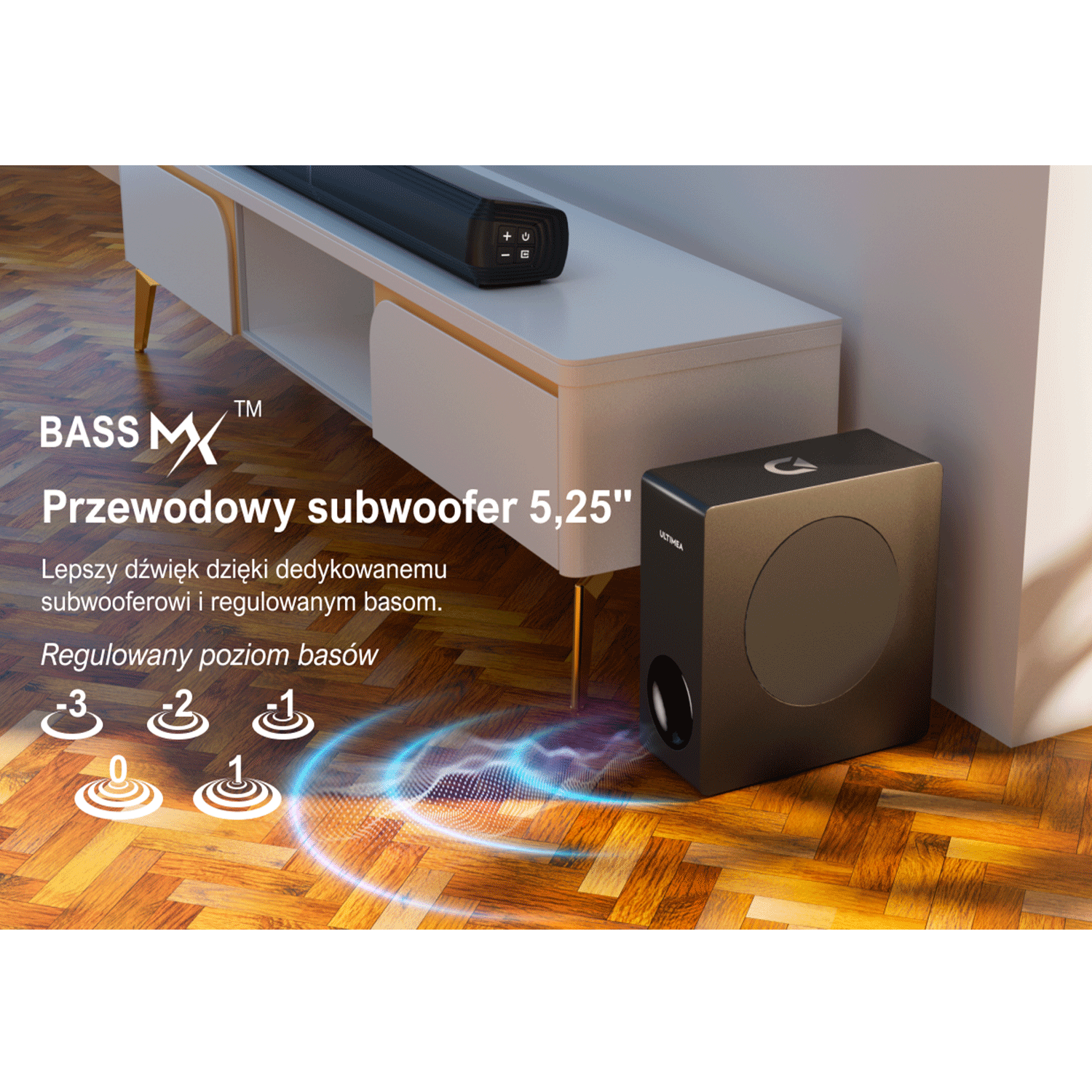 Czarny subwoofer i system głośników z tekstem po polsku, na drewnianej podłodze.