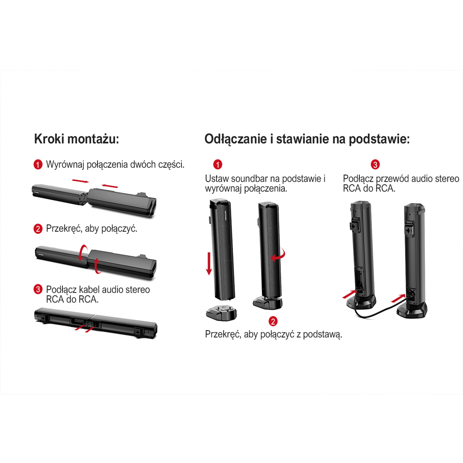 Schemat pokazujący kroki instalacji soundbaru i konfiguracji głośników.