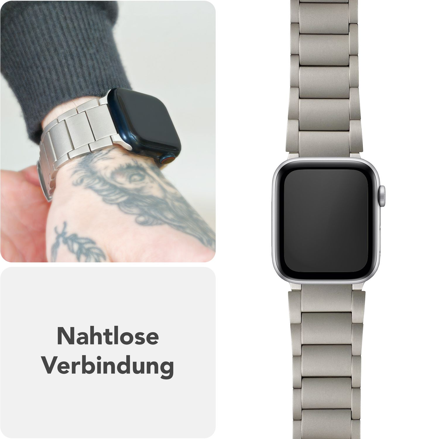 Silbernes Uhrenarmband am Handgelenk, Uhr mit schwarzem Bildschirm. Nahtlose Verbindung.