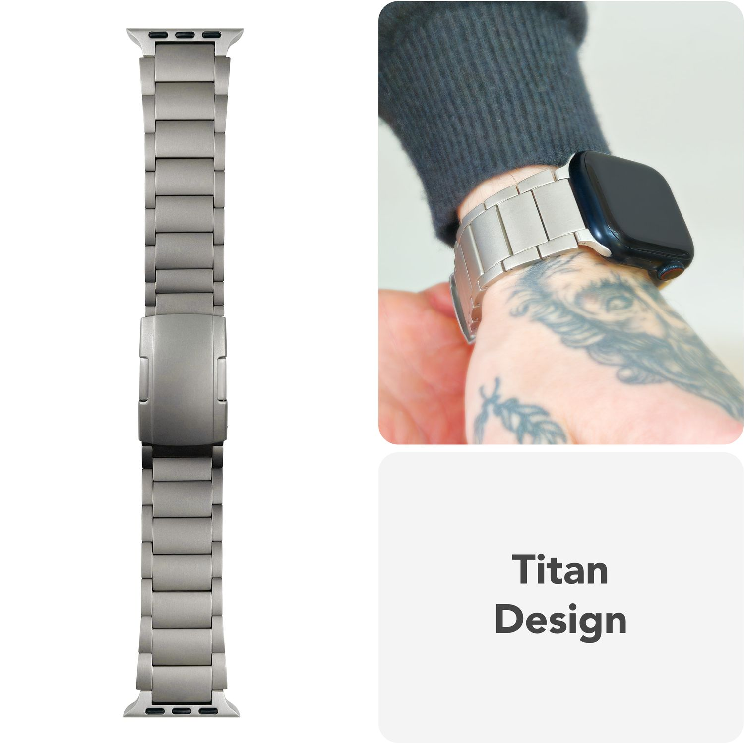 Silbernes Uhrenarmband im Titan-Design und ein Handgelenk, das die Uhr mit schwarzem Bildschirm trägt.