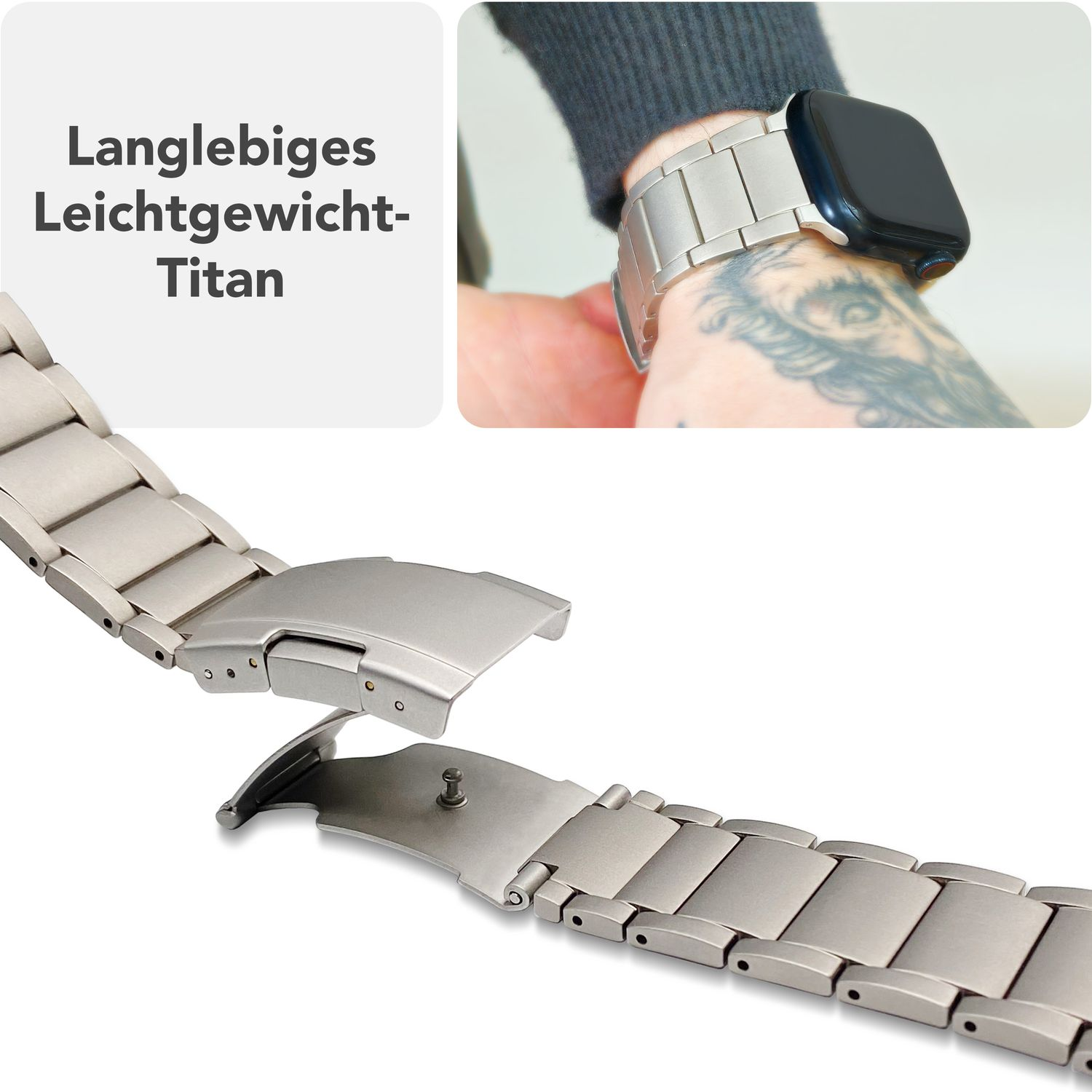 Titan-Metall-Uhrenarmband, Nahaufnahme des Verschlusses. Uhr oben rechts.
