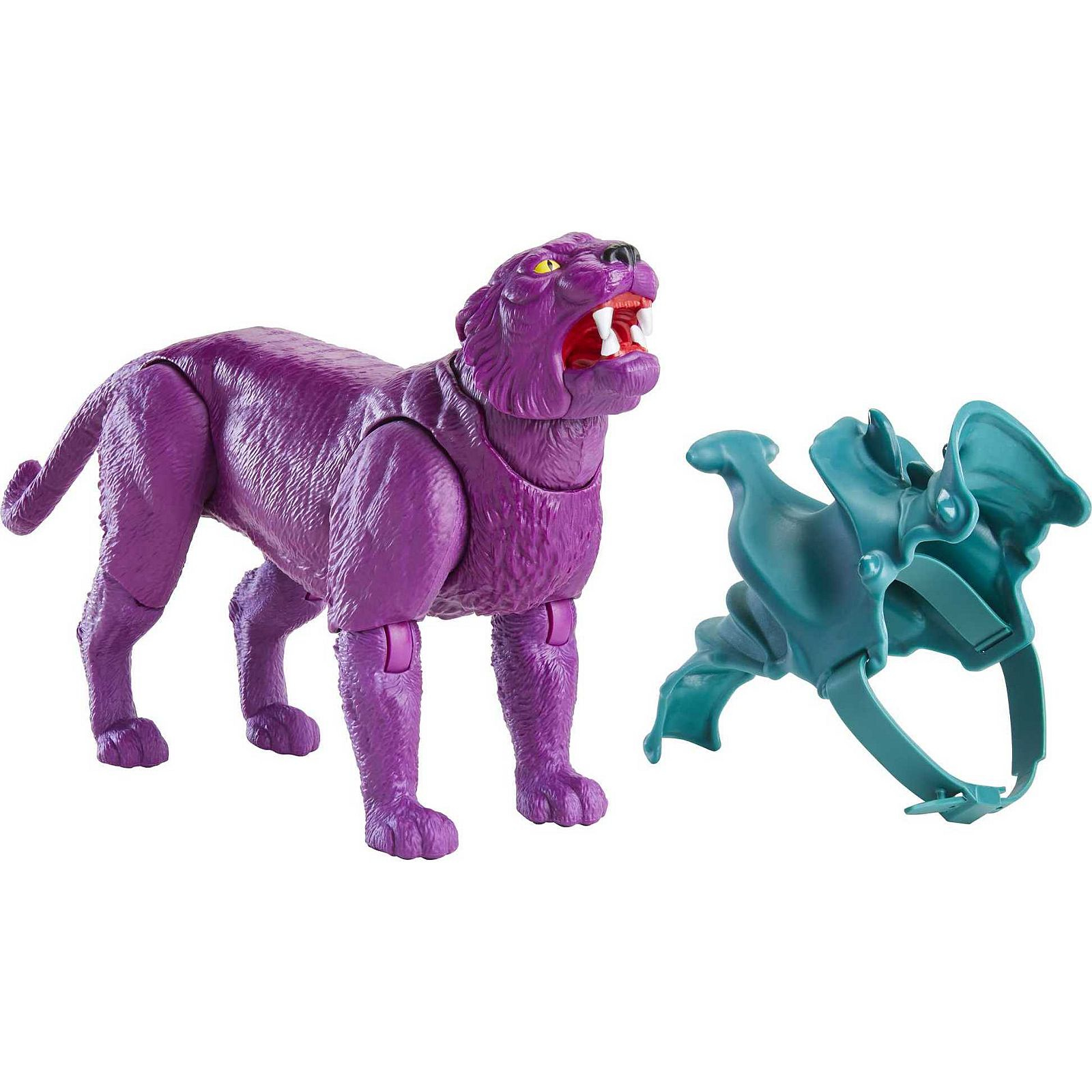 Figura di pantera giocattolo viola con sella verde, separata dalla sella.