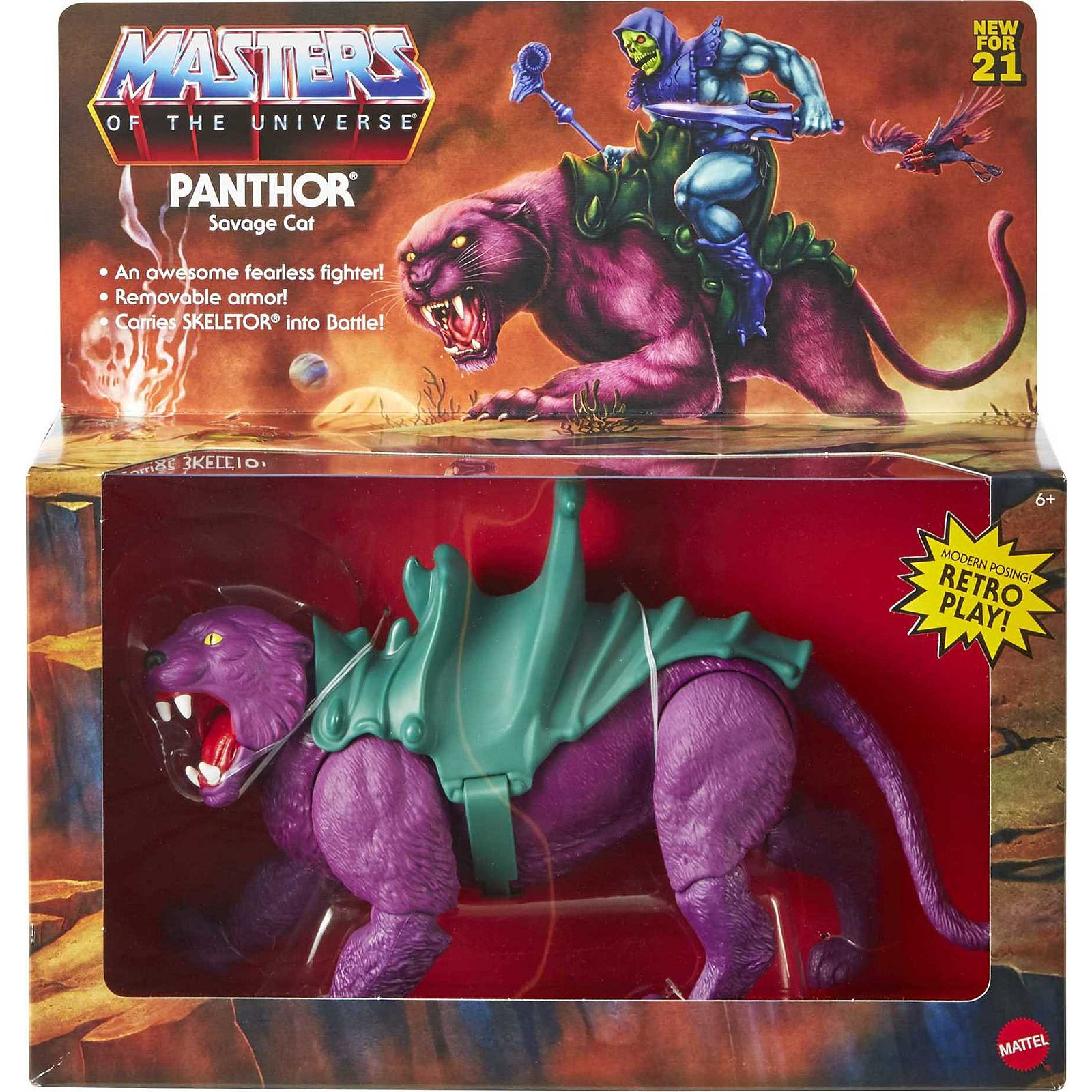 Giocattolo in scatola. Un giocattolo pantera viola con sella verde. Un uomo lo cavalca.