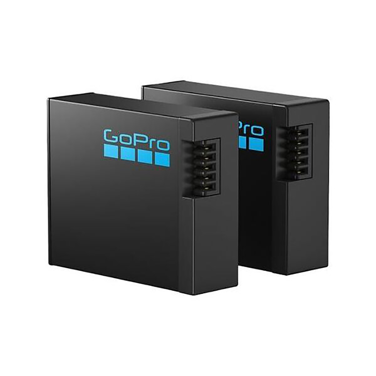 Due caricabatterie GoPro neri con il logo GoPro e dettagli blu.