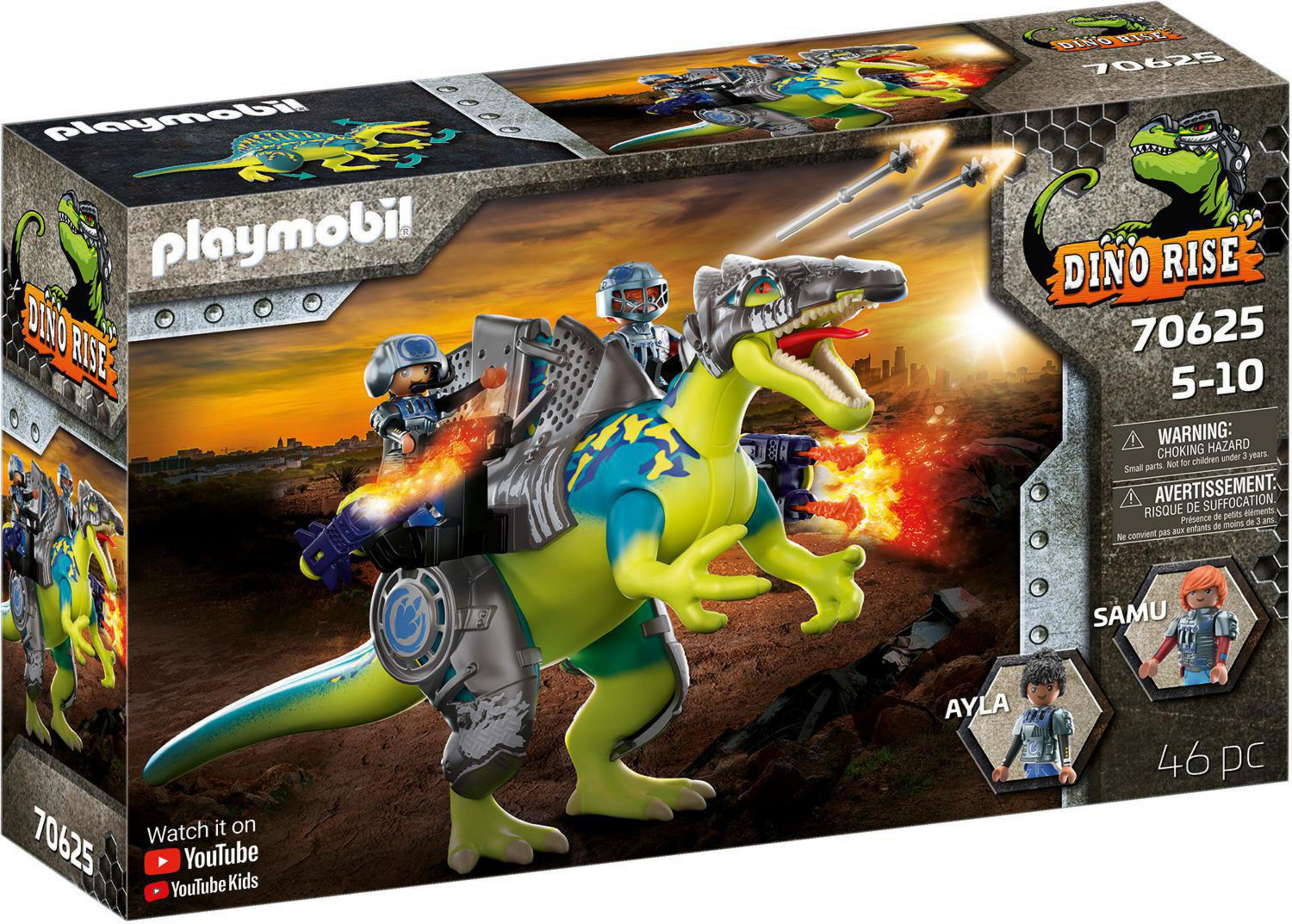 Una scatola di giocattoli Playmobil con un dinosauro con cavalieri e proiettili.