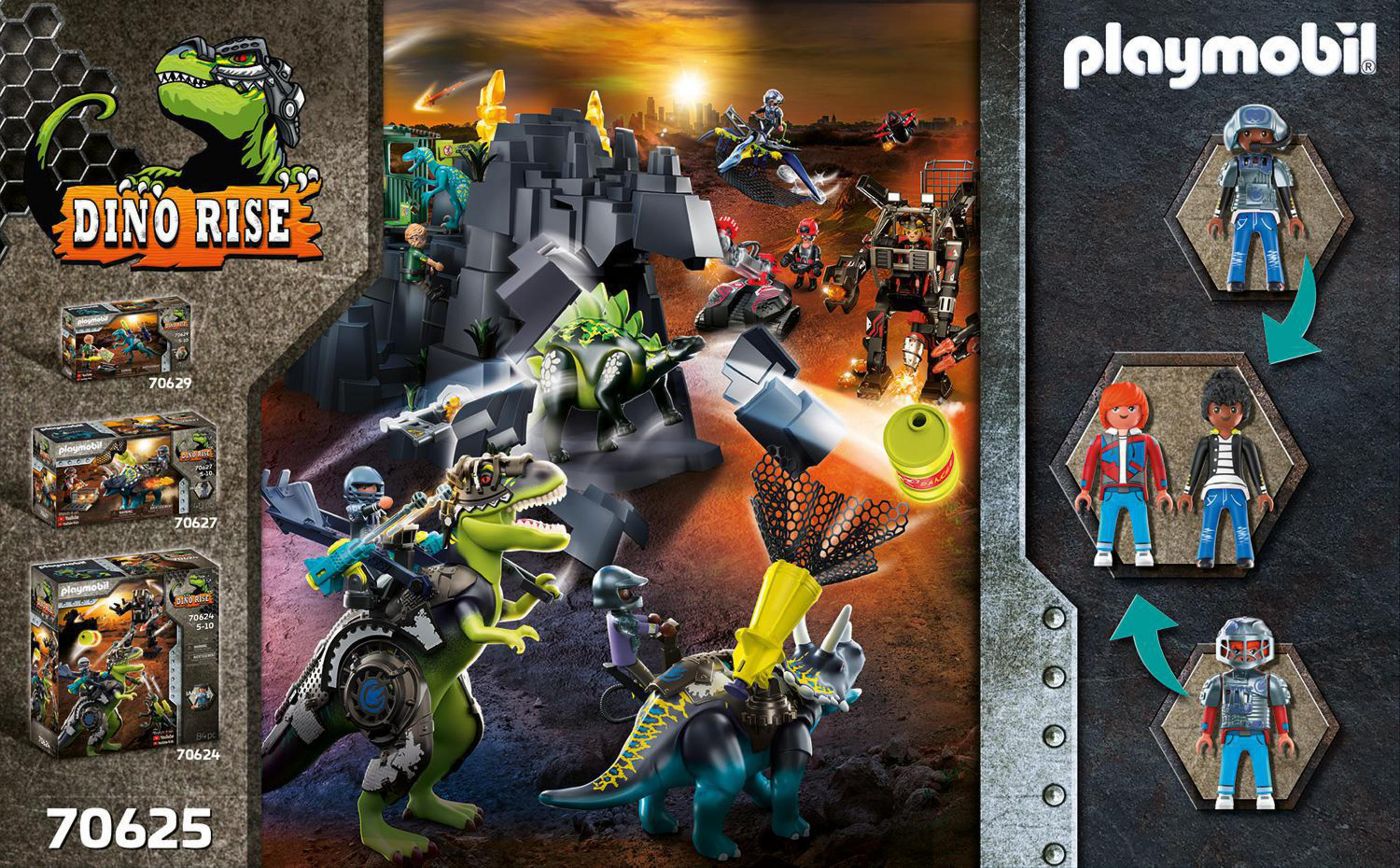 Set di giocattoli Playmobil Dino Rise. Diversi dinosauri, personaggi e scene d'azione.