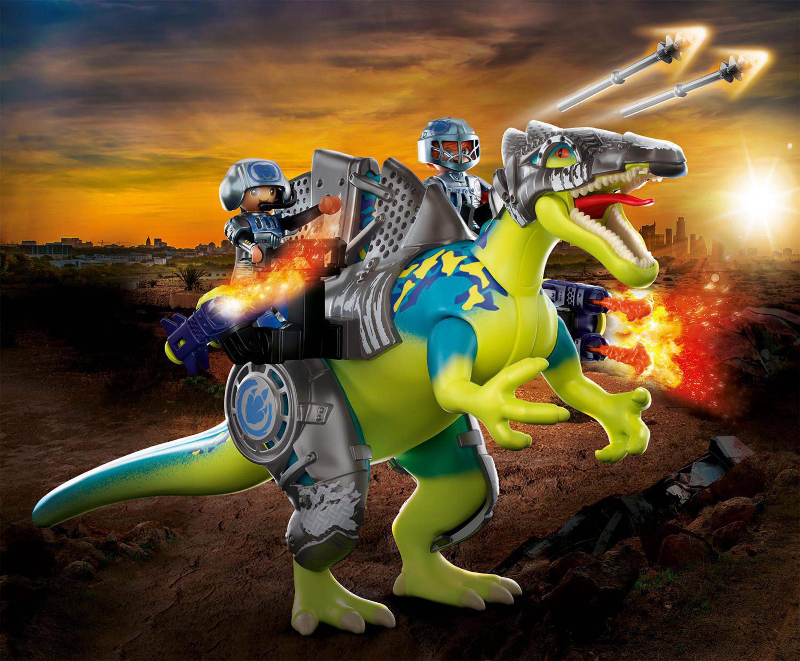 Una scena Playmobil Dino Rise con un dinosauro, soldati e proiettili in un paesaggio desertico.