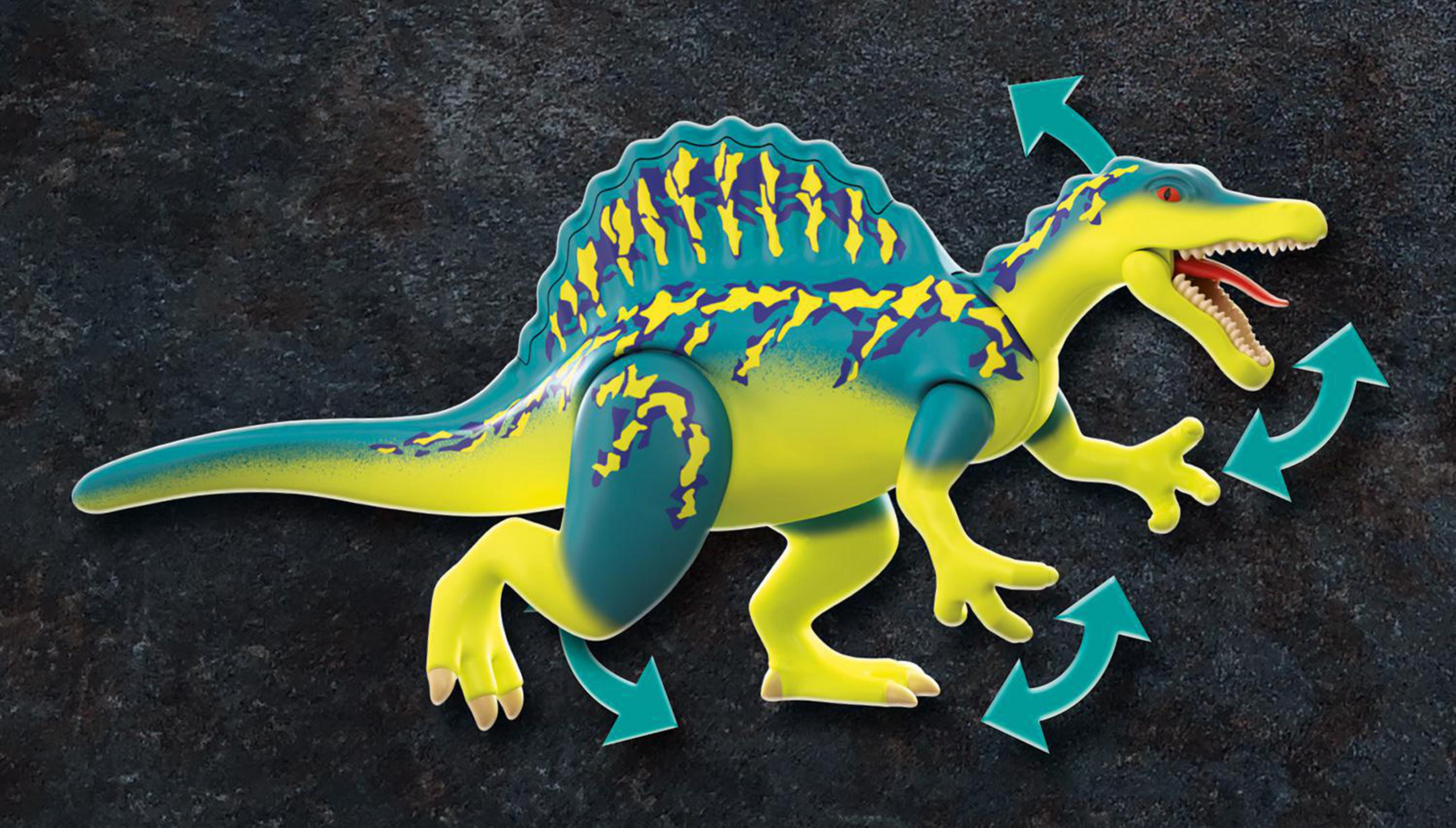 Un dinosauro giocattolo giallo e blu con frecce che indicano le parti mobili.