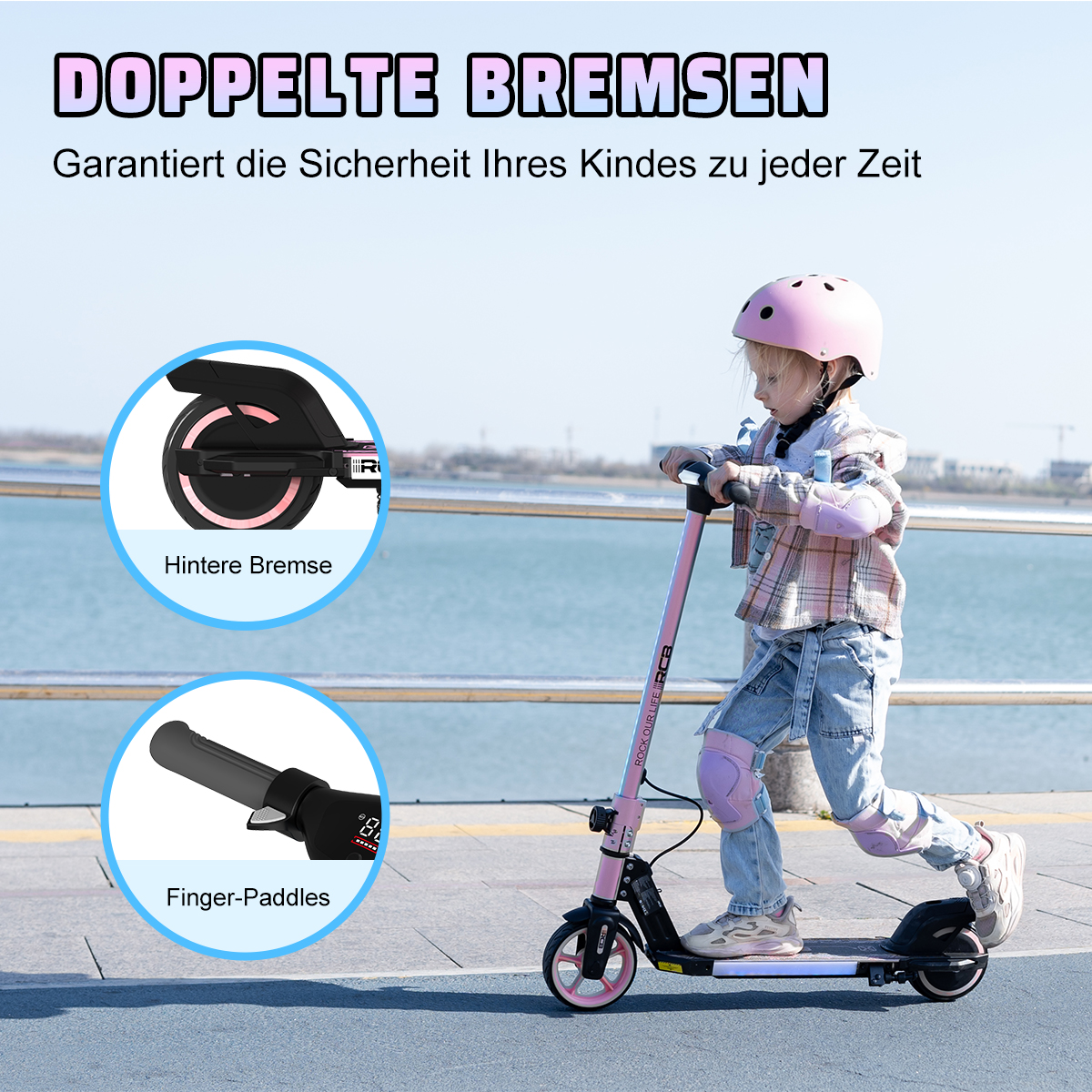 Młoda dziewczyna w różowym kasku na różowej hulajnodze. Pokazuje podwójne hamulce.