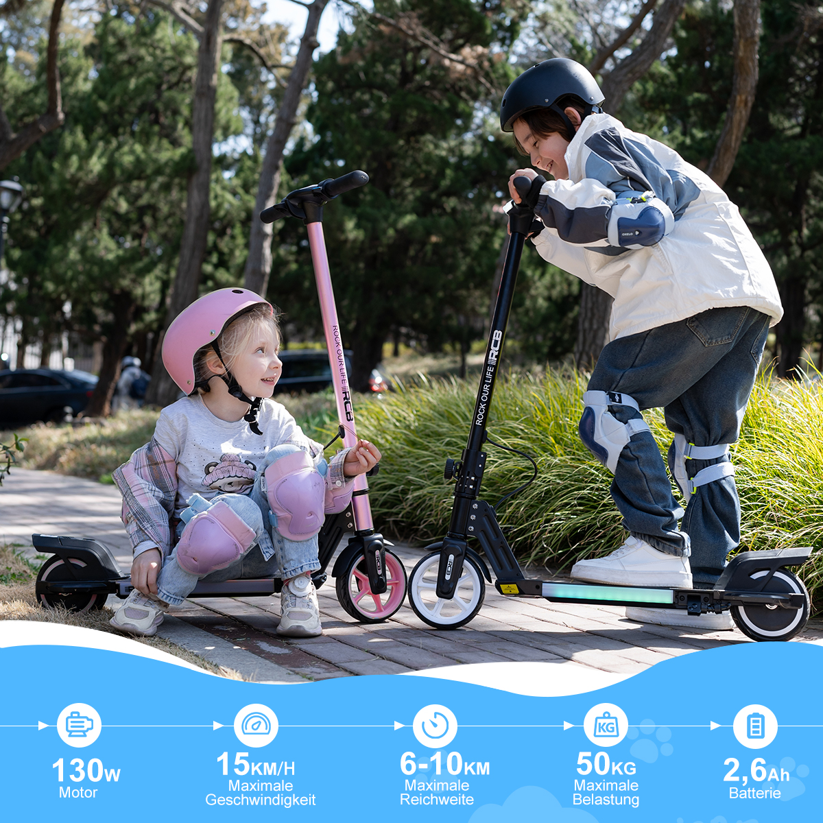 Dwoje dzieci na hulajnogach, jedna różowa i jedna czarna, na utwardzonej ścieżce. Poniżej statystyki.