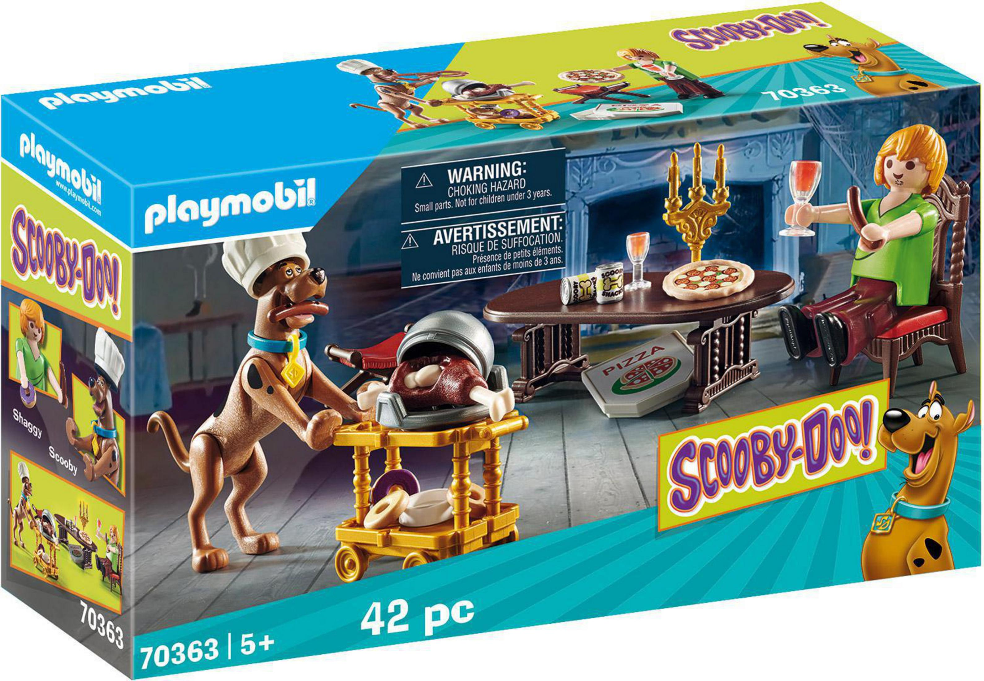 Pudełko zestawu Playmobil Scooby-Doo z Scoobym i Kudłatym w scenie jadalni.