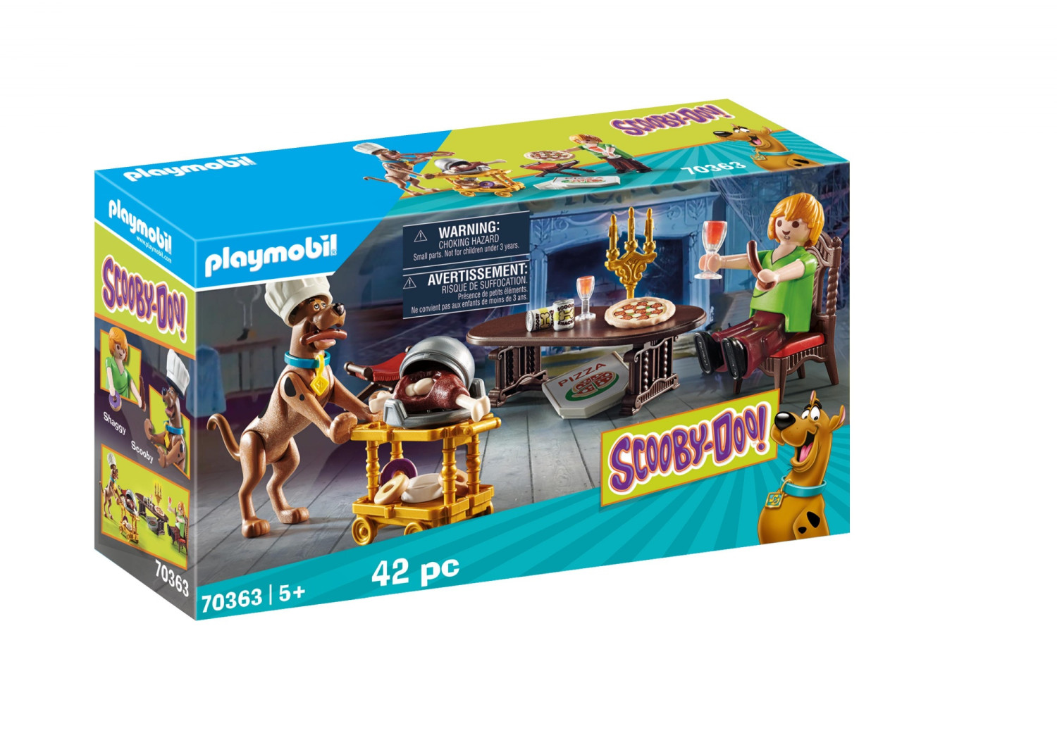 Zestaw Playmobil Scooby-Doo z Scoobym i Kudłatym gotującymi pizzę. Widoczna pizza na stole.