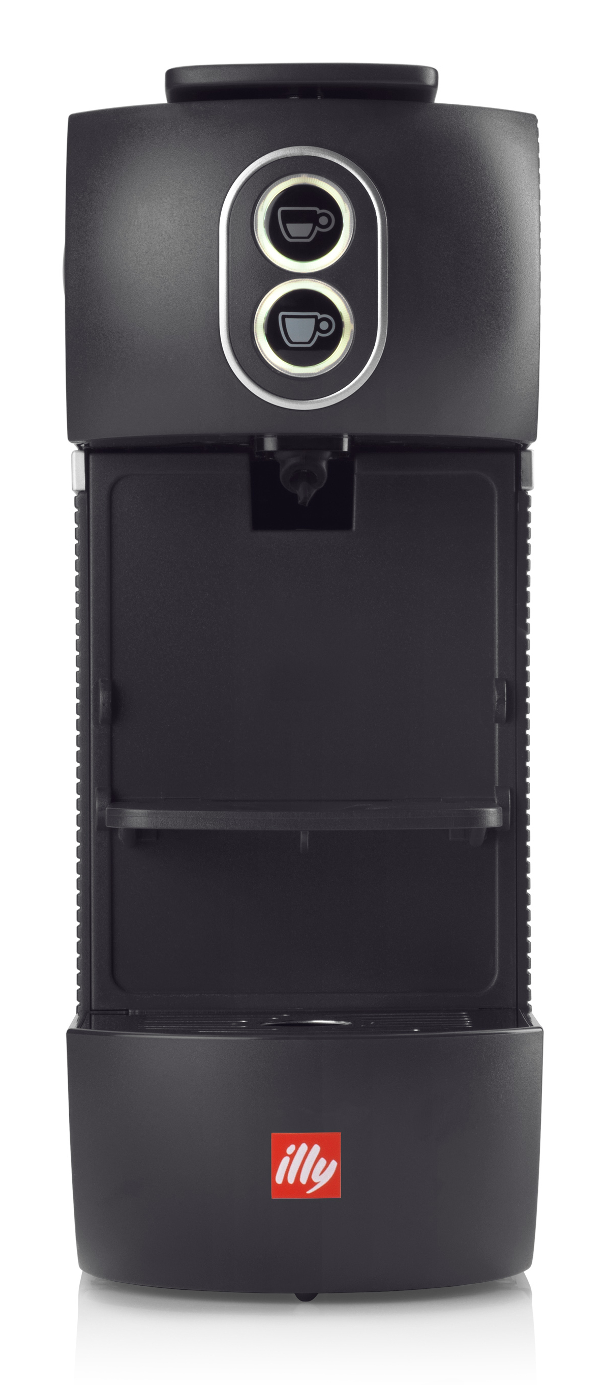Widok z przodu czarnego ekspresu do kawy Illy.