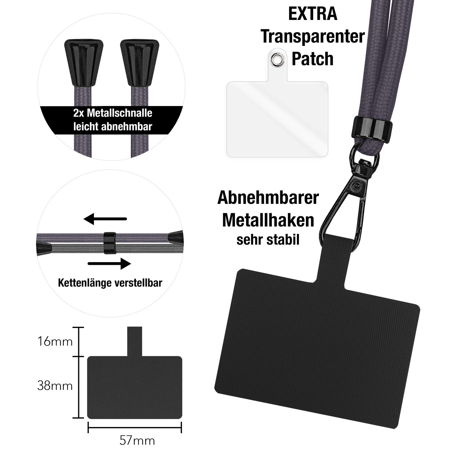 Nahaufnahme von Telefon-Lanyard-Komponenten: Metallverschlüsse, Patch, verstellbare Schnur. Deutsche Beschriftung.