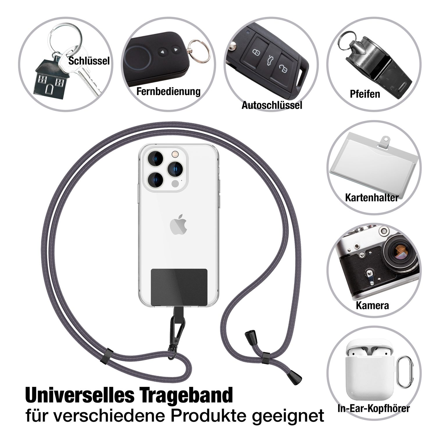 Verschiedene kleine Gegenstände: Schlüssel, Fernbedienung, Autoschlüssel, Pfeife, Kartenhalter, Kamera, Kopfhörer und Telefon.